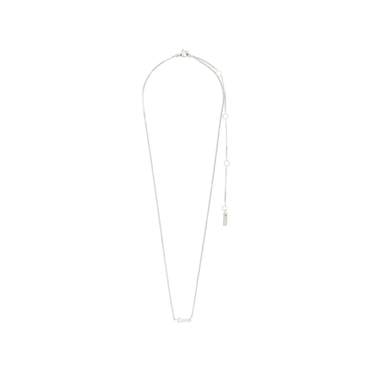 Silver-plated LOVE necklace with cursive 'LOVE' pendant, featuring a sleek design, ideal for layering or solo wear. Crafted from recycled materials, 38 cm + 9 cm extension.