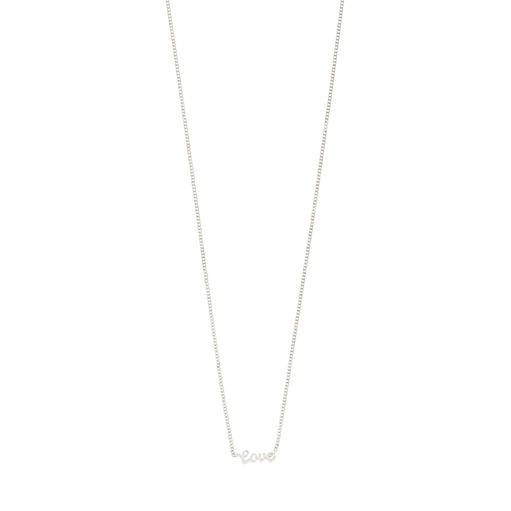 Silver-plated LOVE necklace with a cursive script pendant on a sleek chain. Made from 99% recycled material, perfect for everyday wear and gifting.