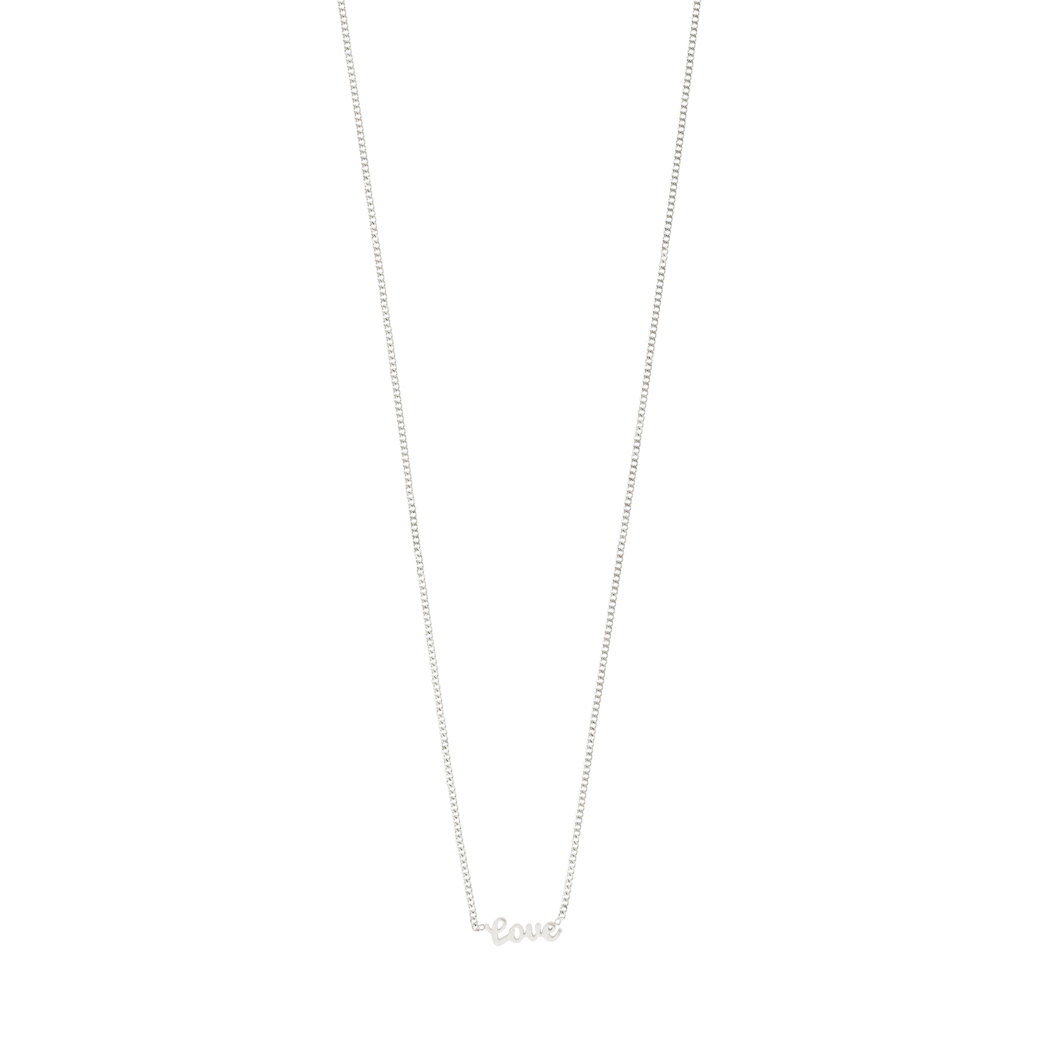 Silver-plated LOVE necklace with a cursive script pendant on a sleek chain. Made from 99% recycled material, perfect for everyday wear and gifting.