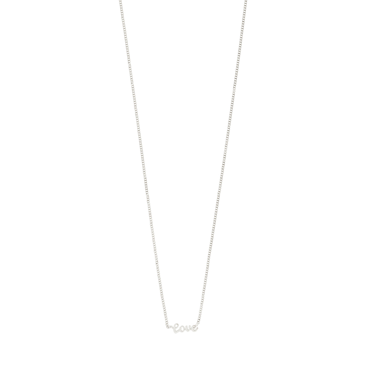 Silver-plated LOVE necklace with a cursive script pendant on a sleek chain. Made from 99% recycled material, perfect for everyday wear and gifting.