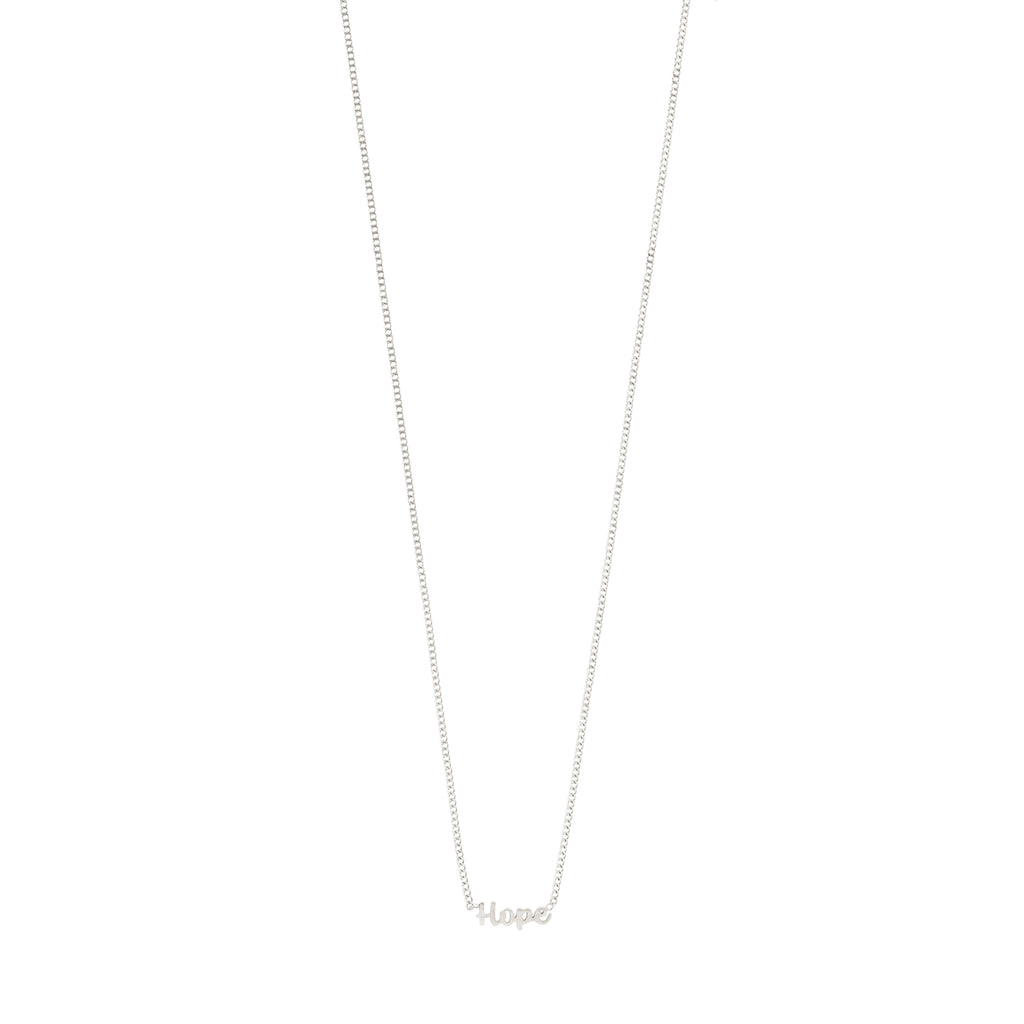Silver-plated HOPE necklace with cursive script pendant, featuring a sleek design and adjustable chain, made from 99% recycled material.