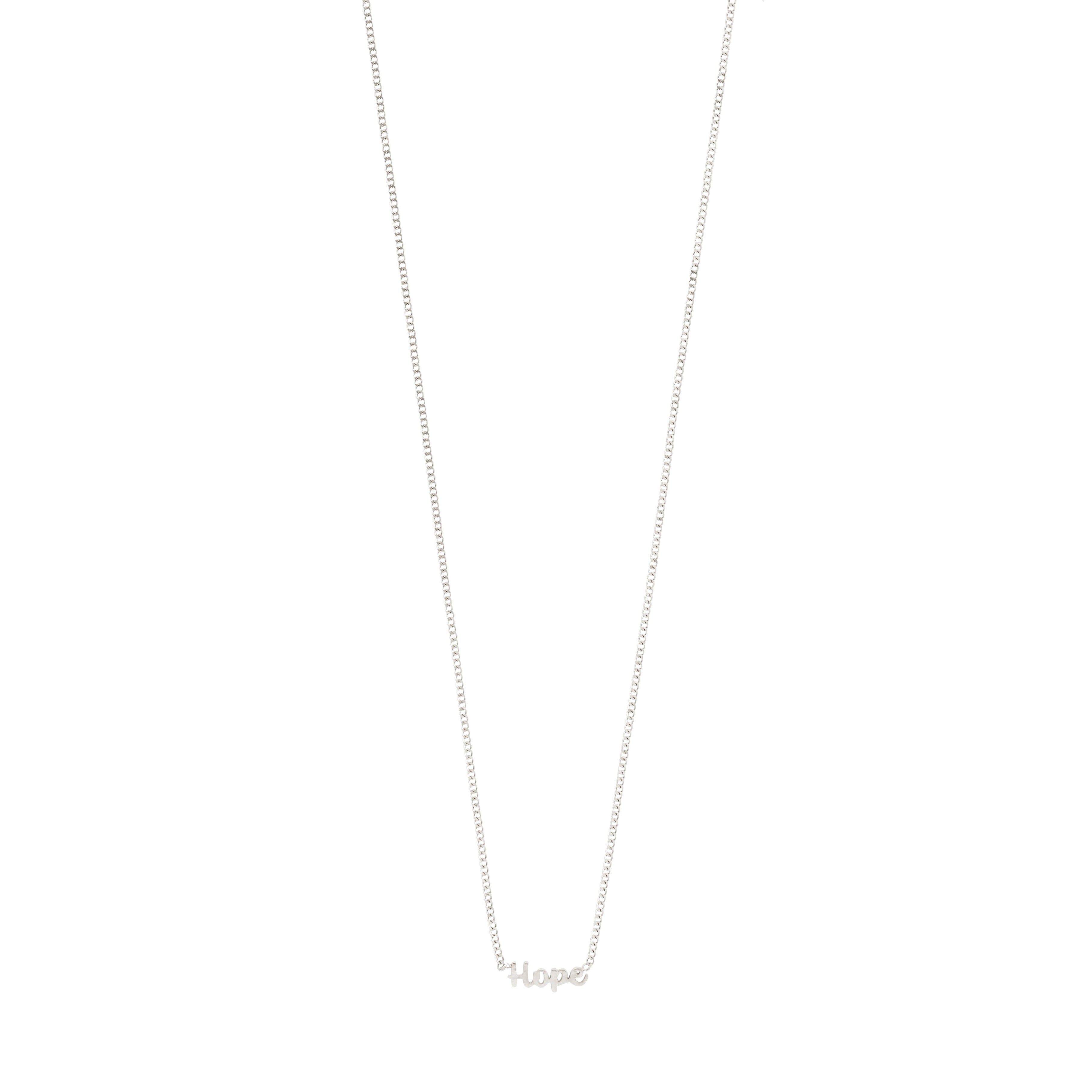Silver-plated HOPE necklace with cursive script pendant, featuring a sleek design and adjustable chain, made from 99% recycled material.