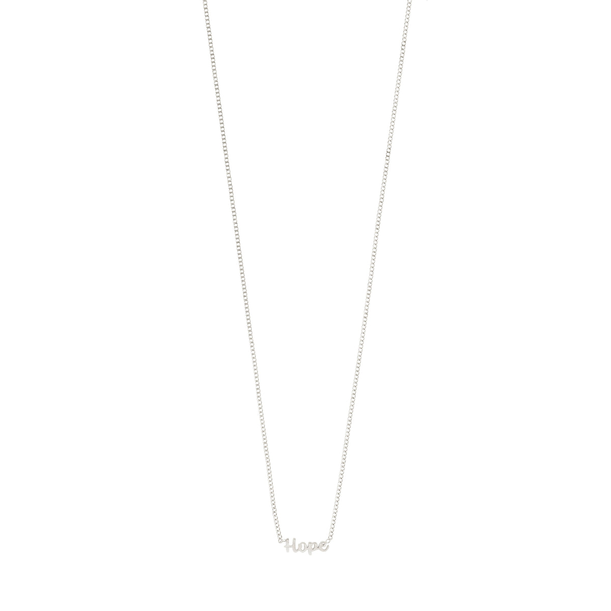 Silver-plated HOPE necklace with cursive script pendant, featuring a sleek design and adjustable chain, made from 99% recycled material.