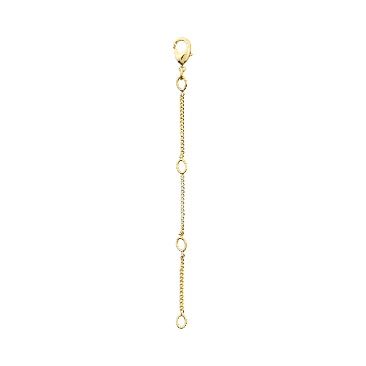 Gold-plated extension chain with tight curb design, featuring a 9 cm length and easy-to-use lobster clasp for necklaces, bracelets, or ankle chains.