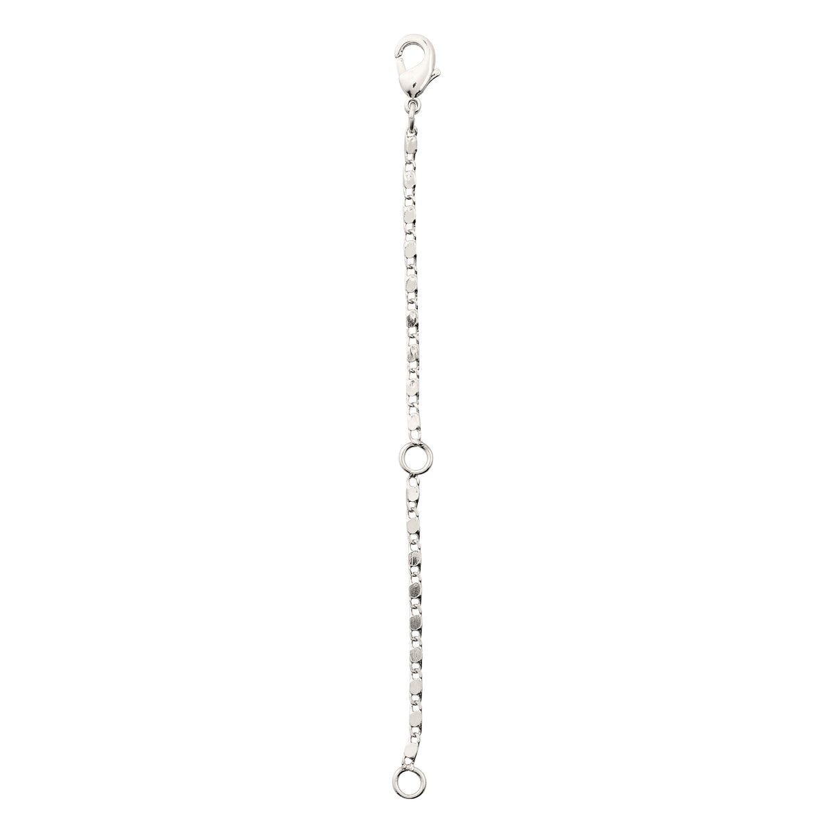 Silver-plated extension chain, 9 cm, featuring a lobster clasp and silver rings. Ideal for necklaces, bracelets, or anklets, enhancing versatility and style.