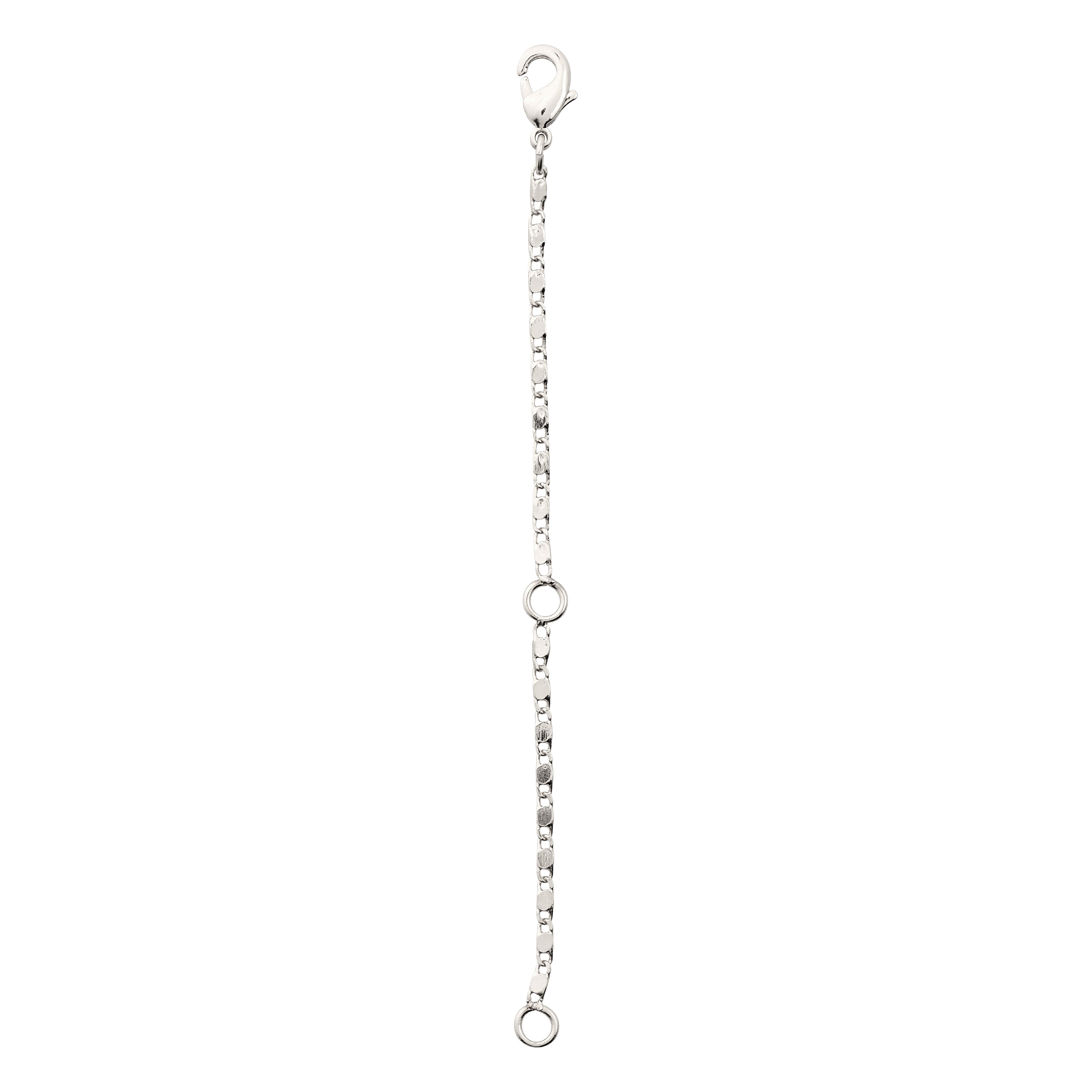 Silver-plated extension chain, 9 cm, featuring a lobster clasp and silver rings. Ideal for necklaces, bracelets, or anklets, enhancing versatility and style.