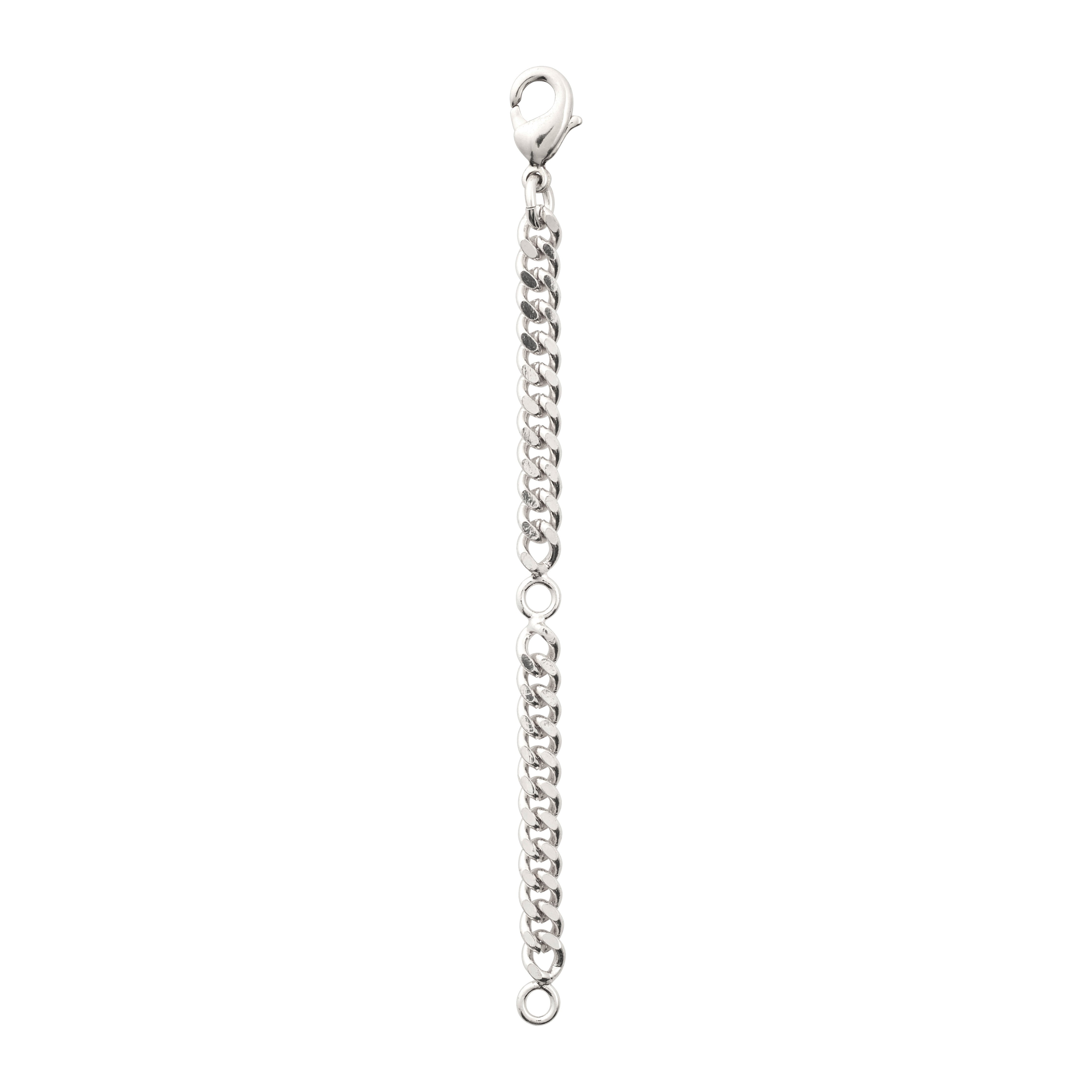 Silver-plated extension chain with a lobster clasp, designed for necklaces and bracelets, extends up to 9 cm, featuring a sleek curb link design.