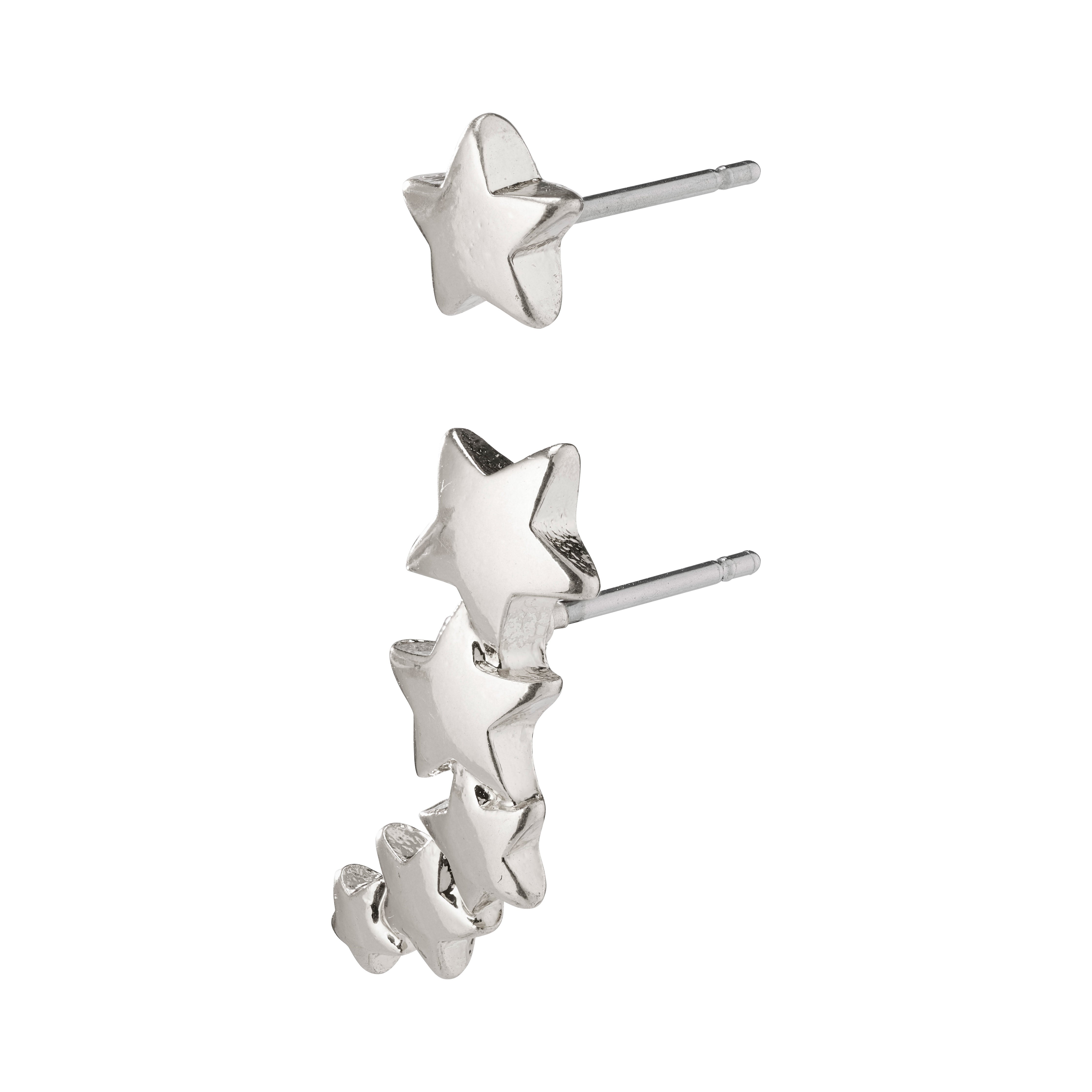 Silver-plated AVA star earrings, featuring an asymmetrical design with one stud and a shooting star that elegantly curves along the ear.