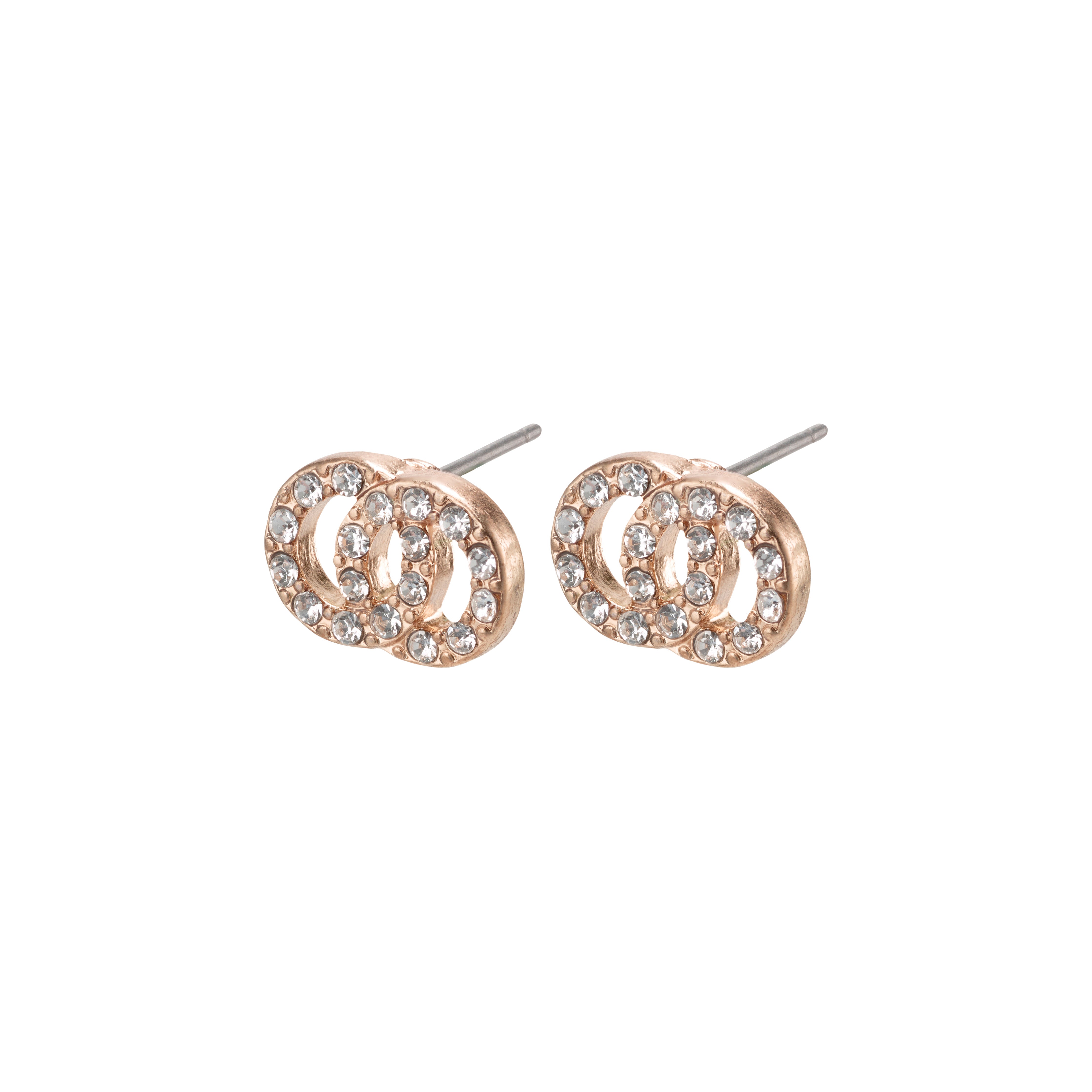VICTORIA crystal earrings, rose gold-plated, feature intertwined rings adorned with sparkling crystals, embodying Pilgrim's Scandinavian craftsmanship and trendy design.
