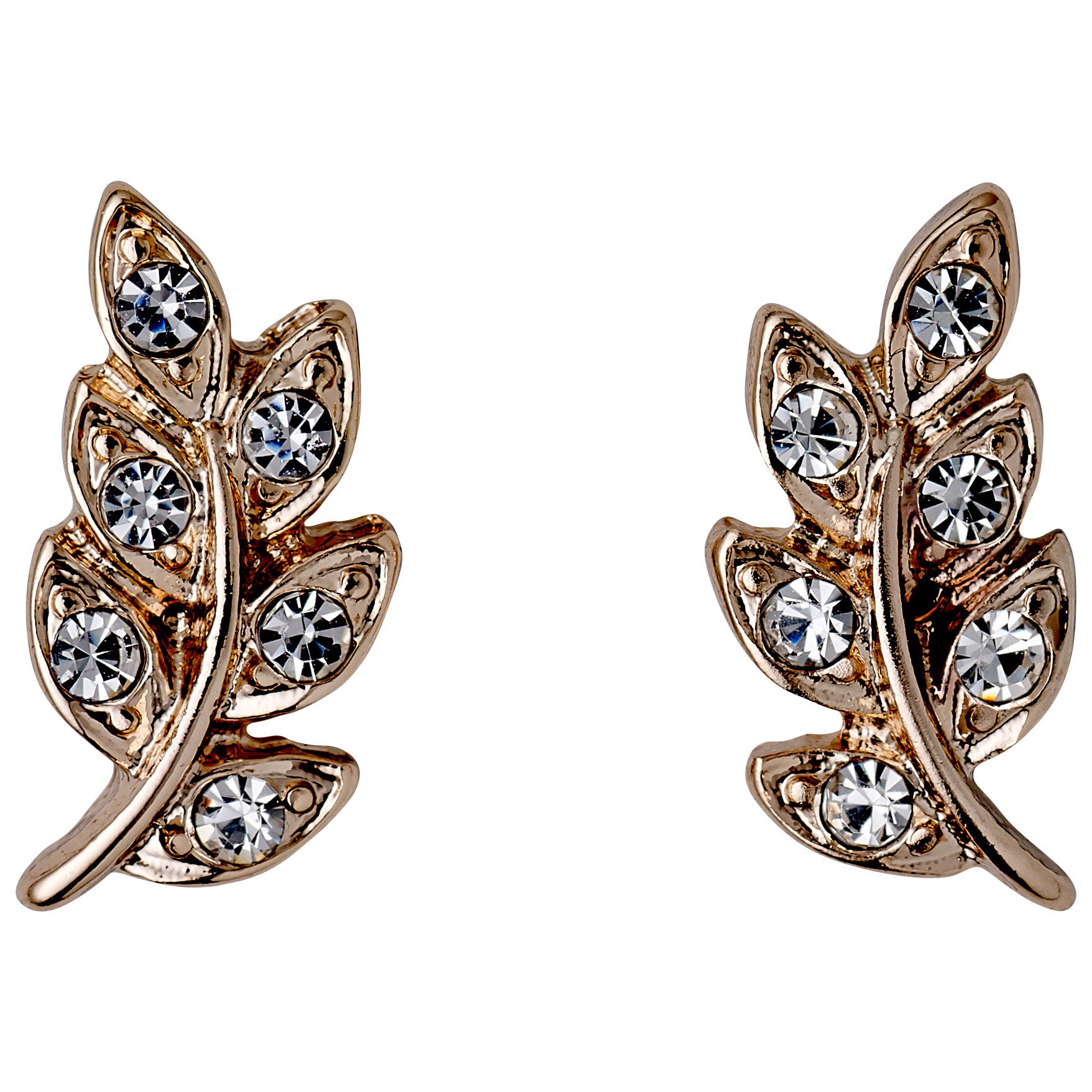 IMOGEN crystal leaf earrings rosegold-plated, featuring delicate leaf shapes adorned with sparkling Preciosa crystals, capturing nature's elegance and timeless style.