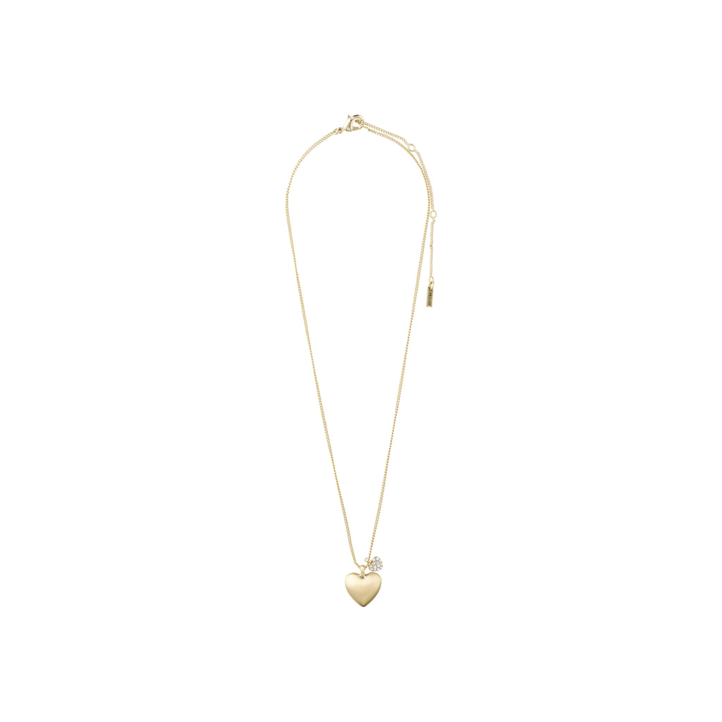 SOPHIA heart pendant necklace gold-plated, features a large velvet-matt heart and smaller crystal-encrusted heart on a collarbone chain, 40 cm with 9 cm adjustable length.