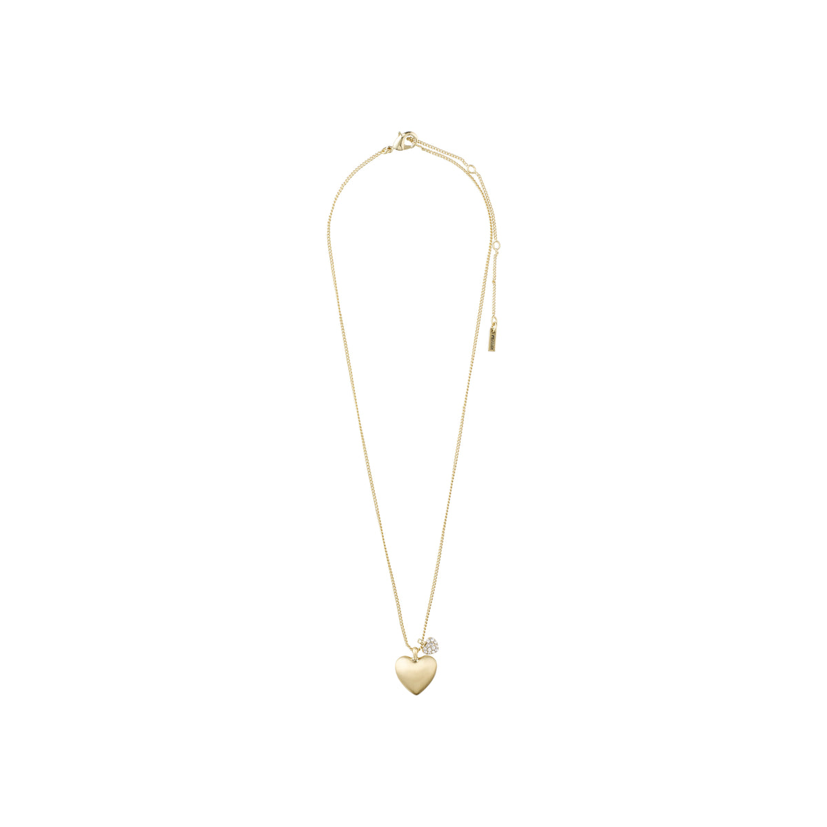 SOPHIA heart pendant necklace gold-plated, features a large velvet-matt heart and smaller crystal-encrusted heart on a collarbone chain, 40 cm with 9 cm adjustable length.