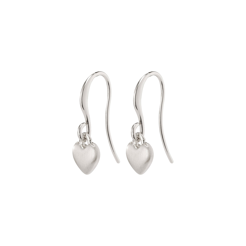 SOPHIA heart pendant earrings, silver-plated, featuring delicate dangle design with small velvet-matt finish silver hearts, capturing Pilgrim's Scandinavian quality and trendsetting style.