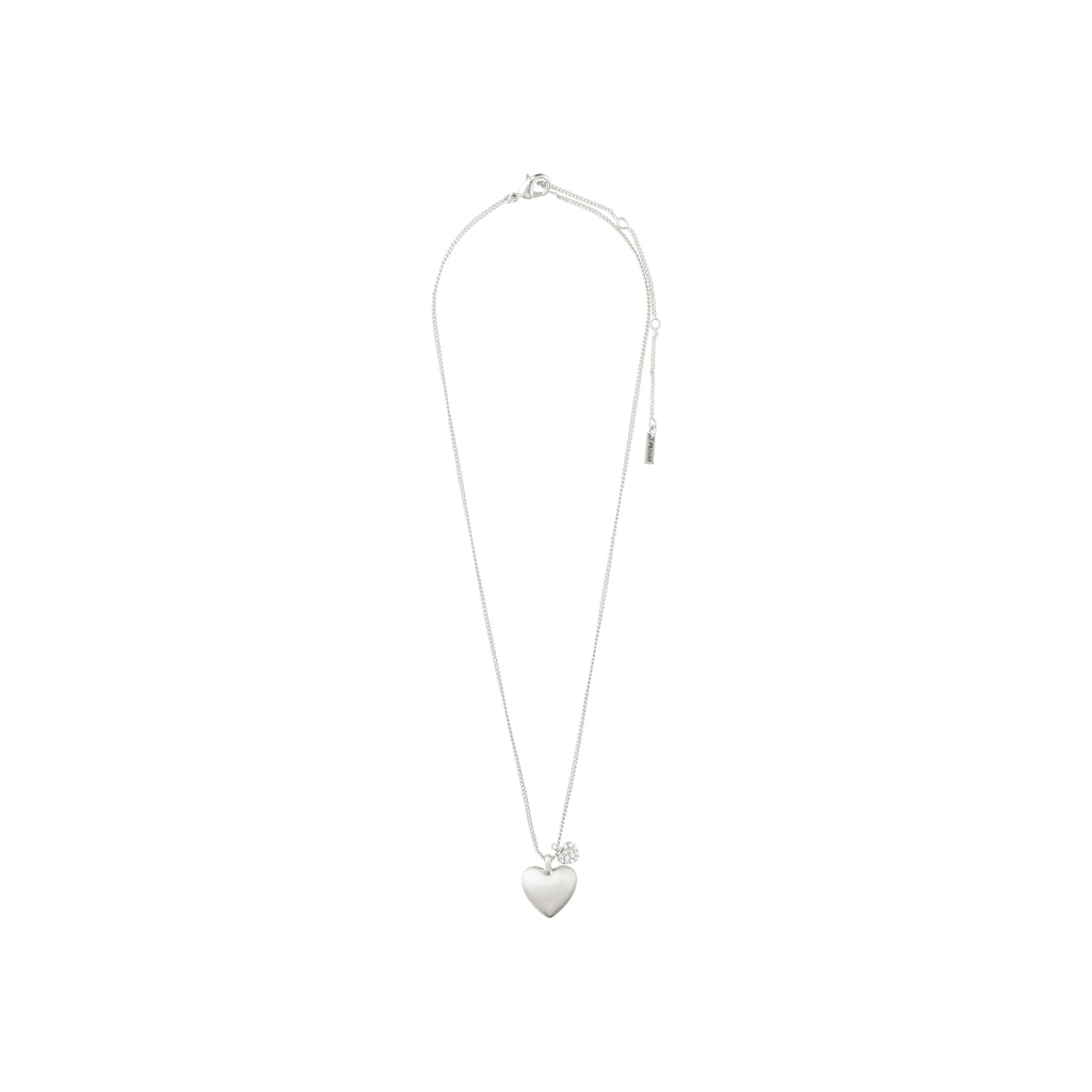 SOPHIA heart pendant necklace, silver-plated, featuring a velvet-matt large heart and a crystal-accented smaller heart. Stylish collarbone design with adjustable chain length.