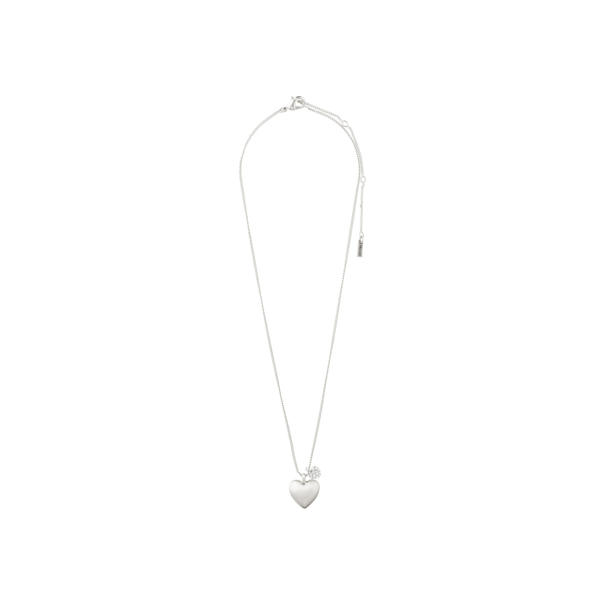 SOPHIA heart pendant necklace, silver-plated, featuring a velvet-matt large heart and a crystal-accented smaller heart. Stylish collarbone design with adjustable chain length.