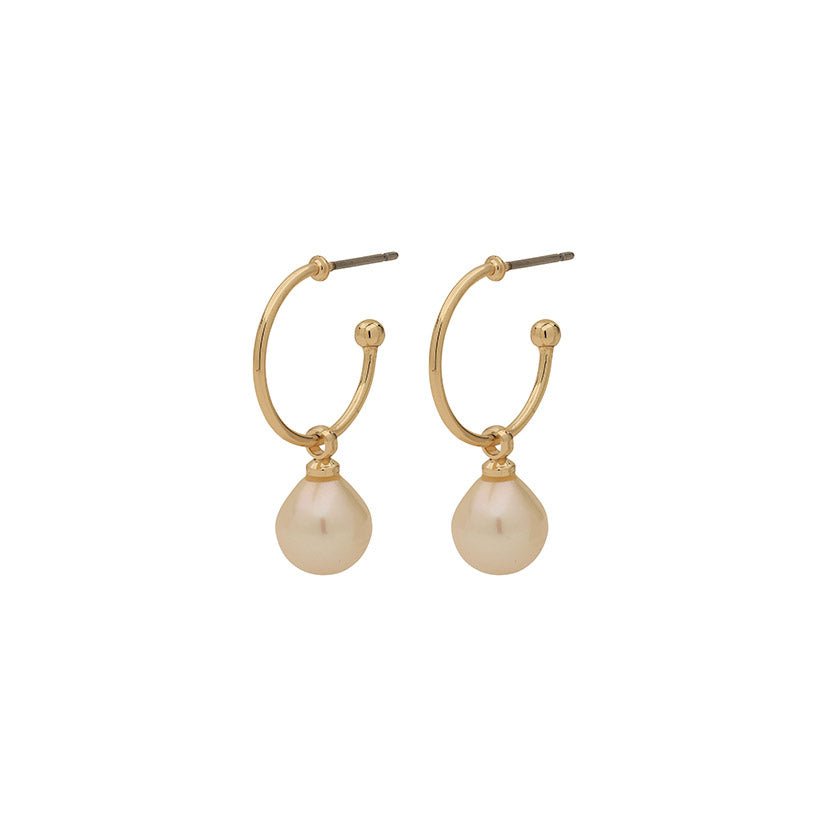 EILA pearl earrings gold-plated, featuring gold hoops with pearl drops, blending timeless elegance with modern design for a stylish, comfortable fit.
