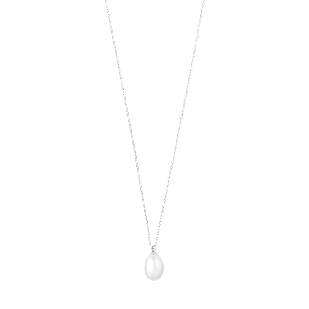EILA freshwater pearl necklace, featuring a droplet-shaped pearl pendant on a silver-plated chain, embodying modern classic design with clean, soft shapes.
