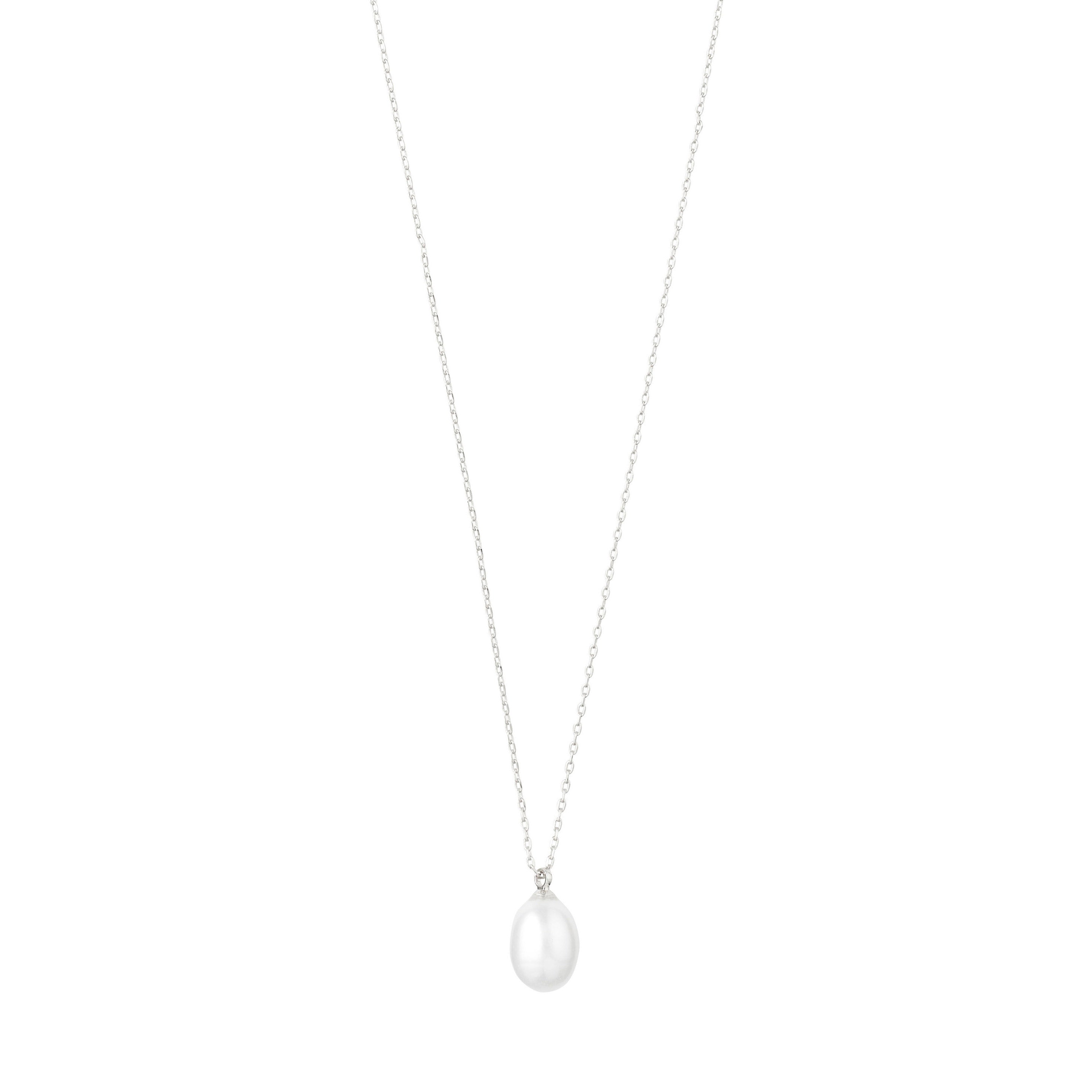 EILA freshwater pearl necklace, featuring a droplet-shaped pearl pendant on a silver-plated chain, embodying modern classic design with clean, soft shapes.