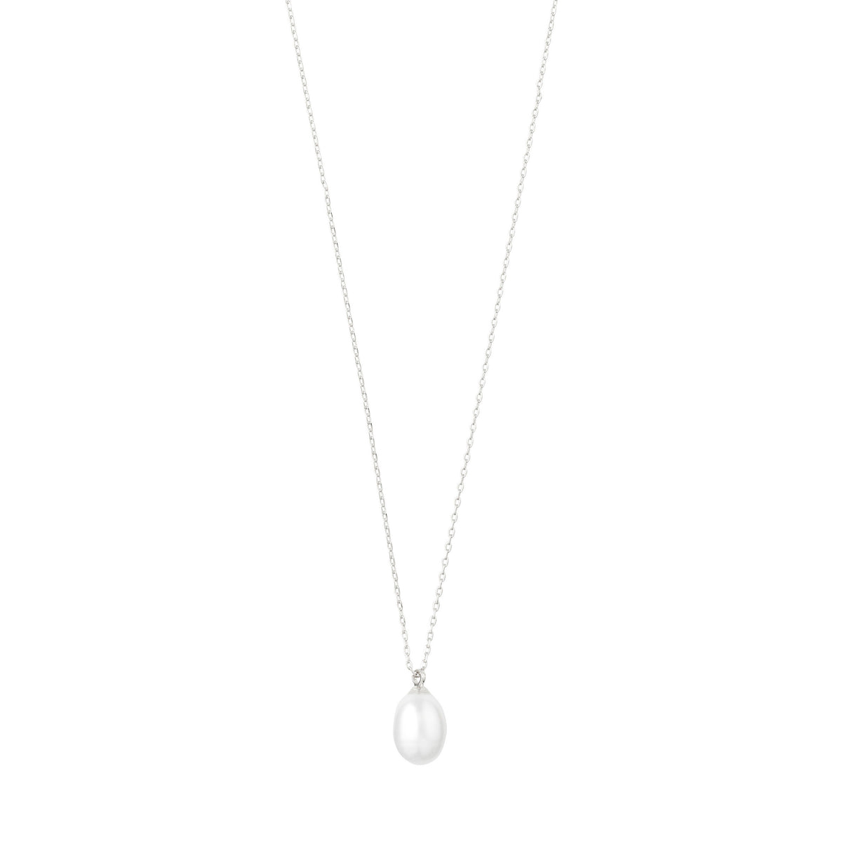 EILA freshwater pearl necklace, featuring a droplet-shaped pearl pendant on a silver-plated chain, embodying modern classic design with clean, soft shapes.