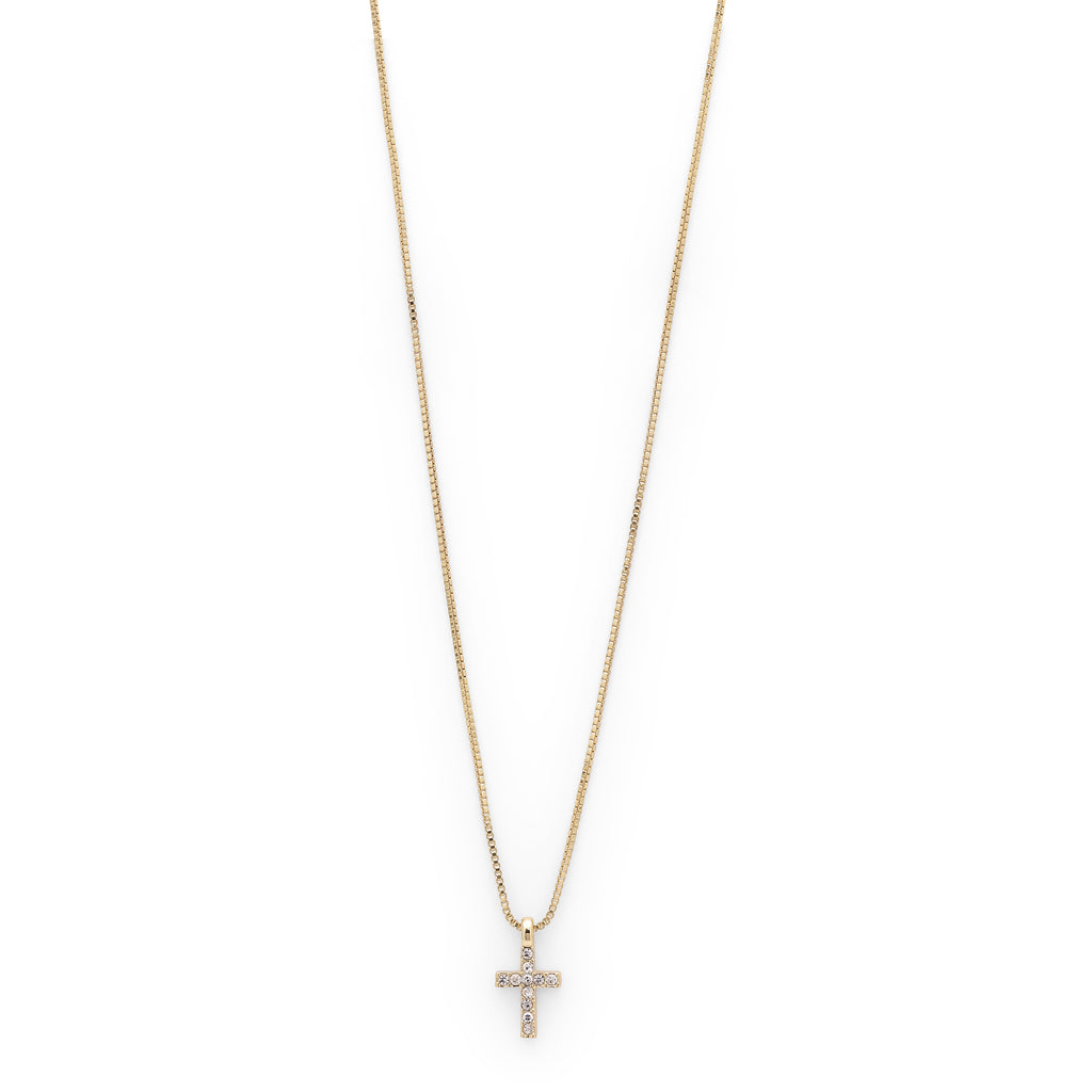 CLARA crystal cross necklace, gold-plated, featuring a delicate cross adorned with sparkling crystals on a 35 cm chain, with a 9 cm extension option.