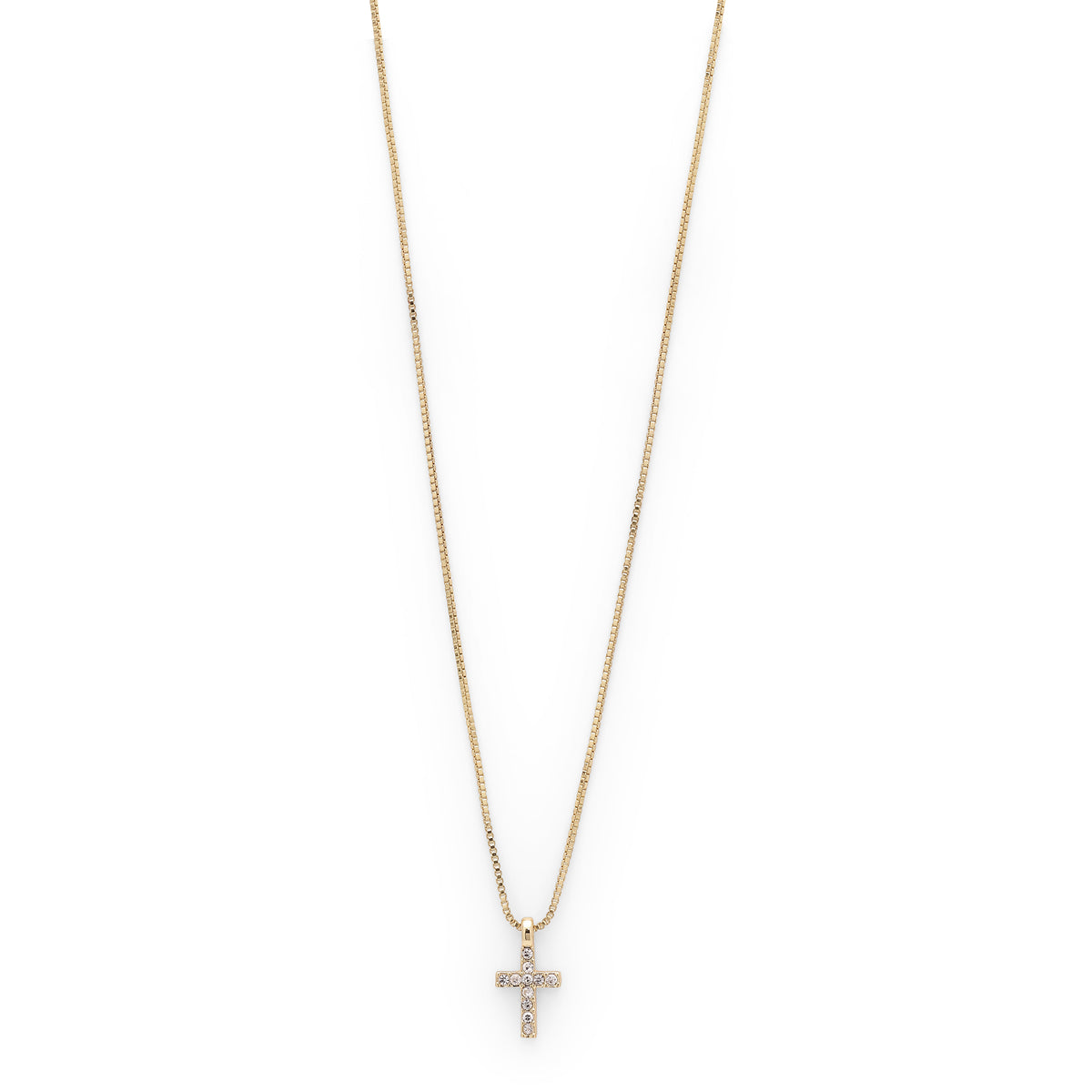 CLARA crystal cross necklace, gold-plated, featuring a delicate cross adorned with sparkling crystals on a 35 cm chain, with a 9 cm extension option.