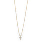 CLARA crystal cross necklace, gold-plated, featuring a delicate cross adorned with sparkling crystals on a 35 cm chain, with a 9 cm extension option.