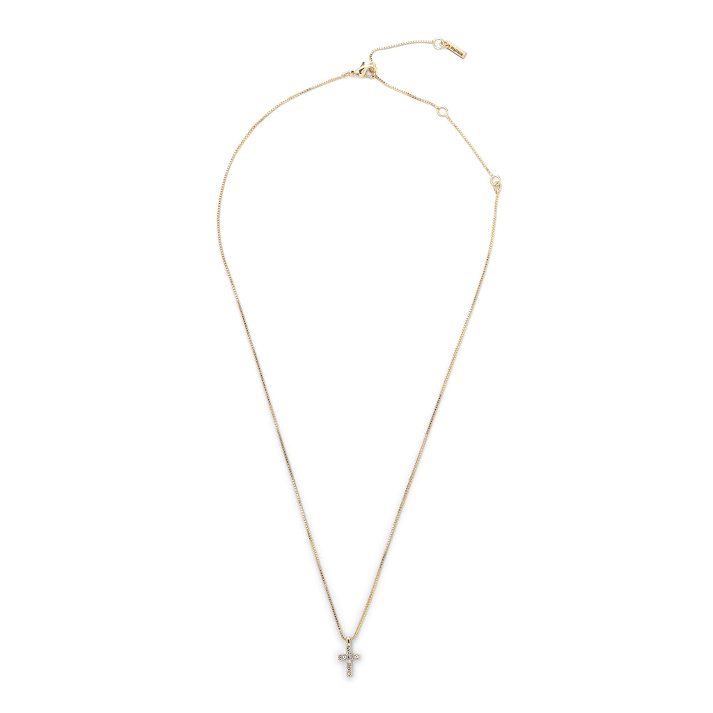 CLARA crystal cross necklace gold-plated featuring a sparkling crystal-adorned cross pendant on a delicate 35 cm chain with a 9 cm extension.