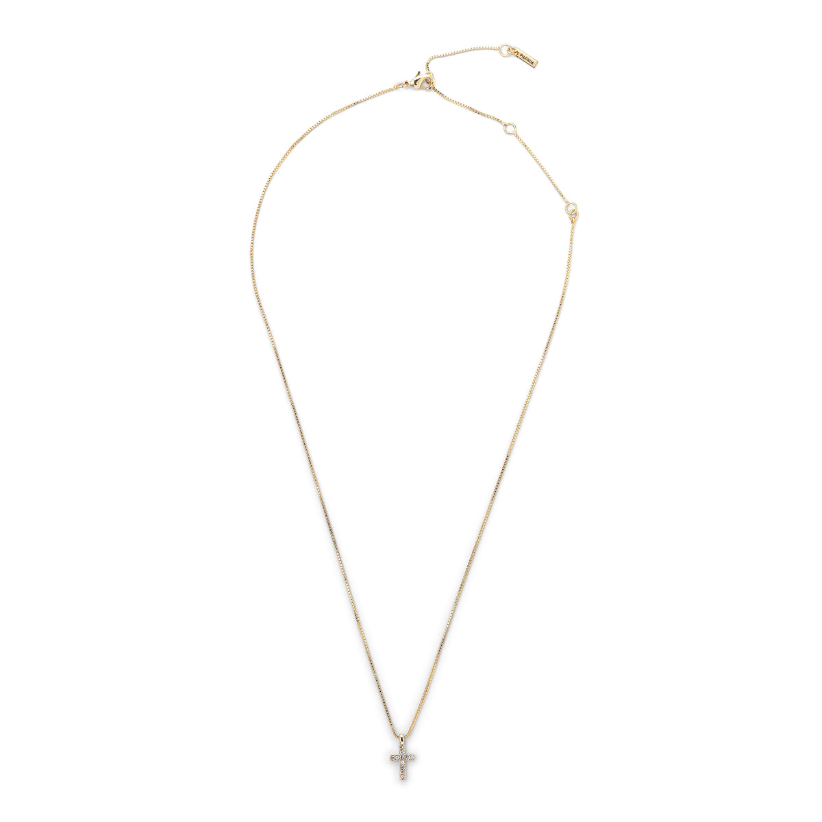 CLARA crystal cross necklace gold-plated featuring a sparkling crystal-adorned cross pendant on a delicate 35 cm chain with a 9 cm extension.