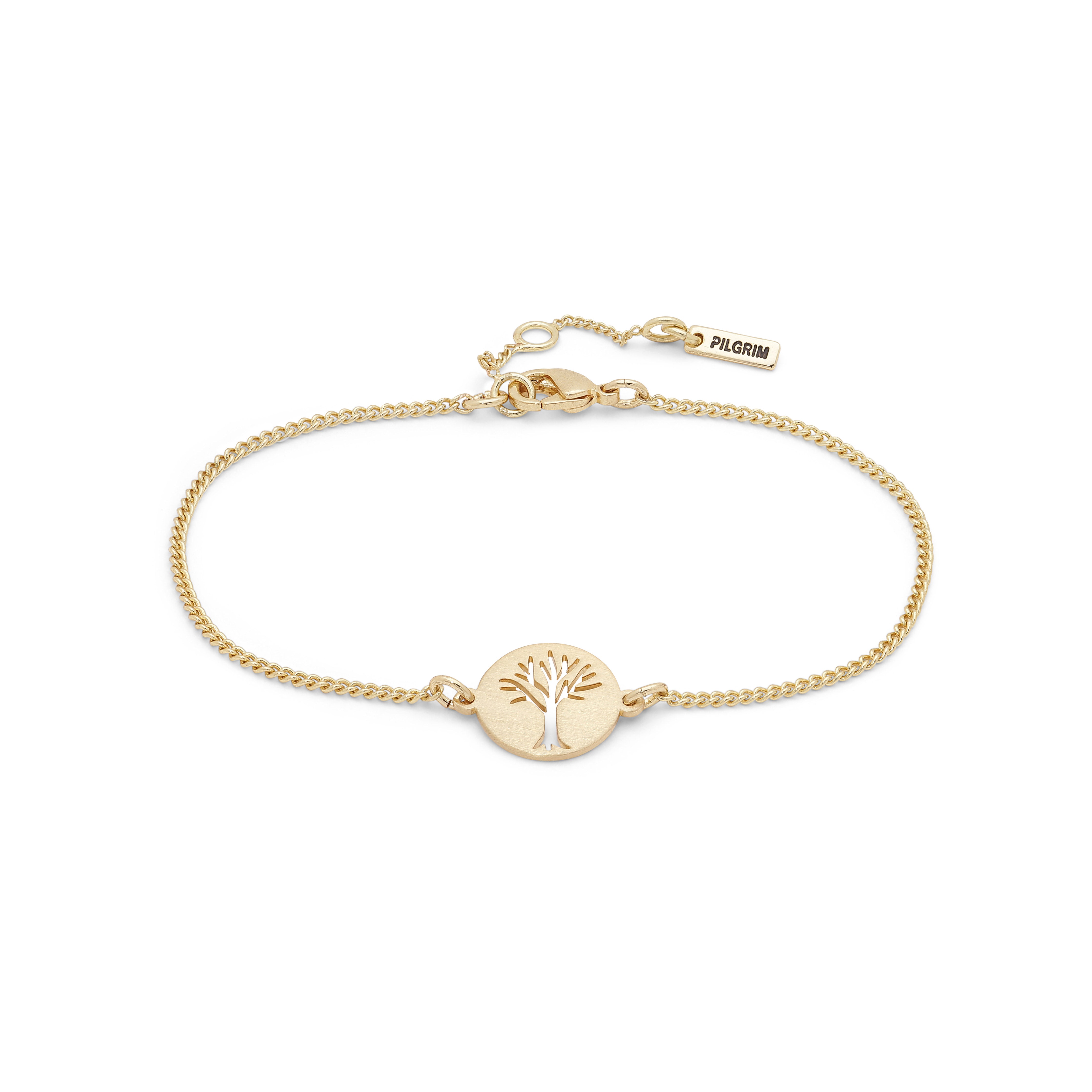 ELIN coin bracelet in gold-plated finish, featuring a slender chain and a circle with an etched tree motif, embodying Scandinavian elegance.