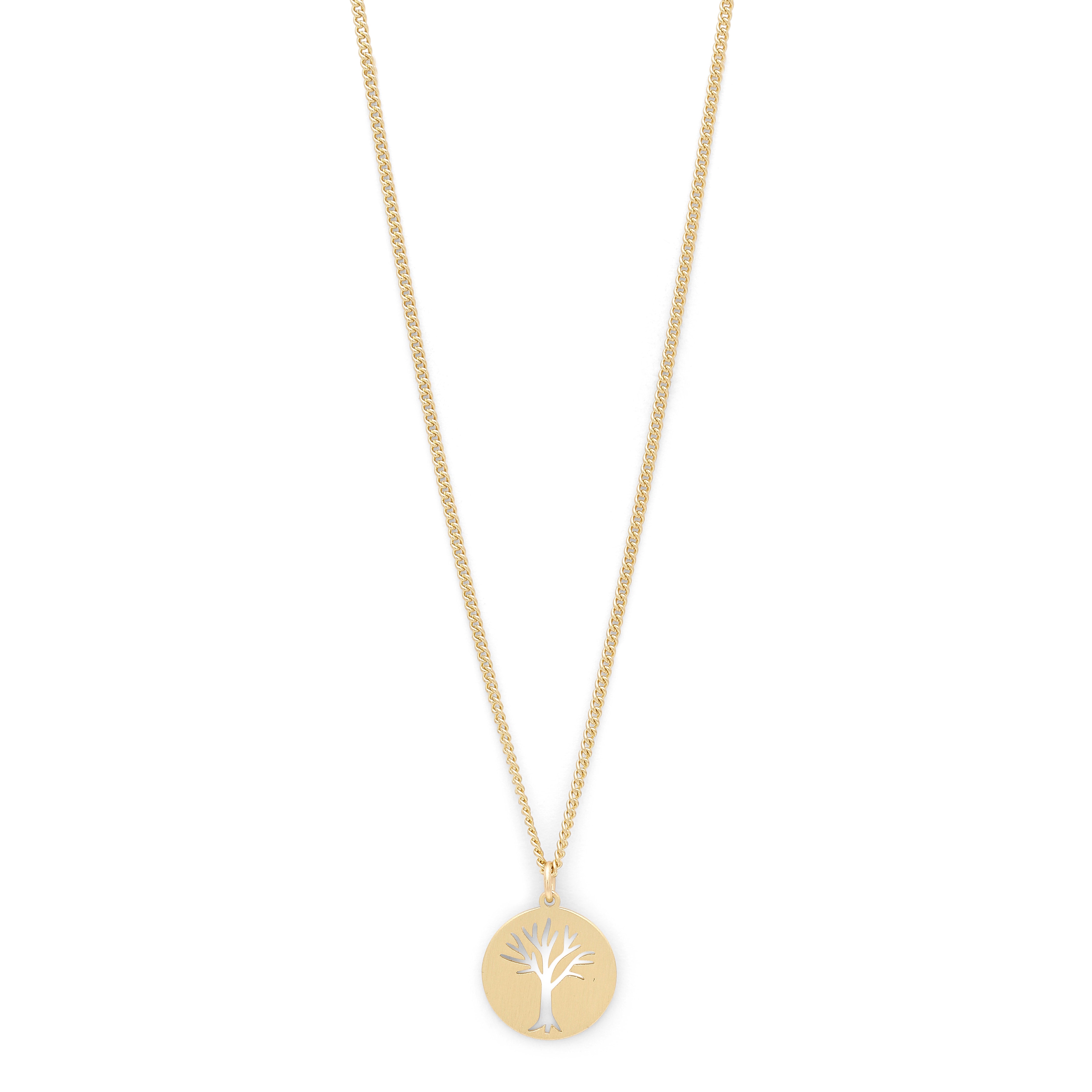 ELIN coin pendant necklace, gold-plated, featuring a tree silhouette on a round pendant with a 40 cm chain and 9 cm extension.