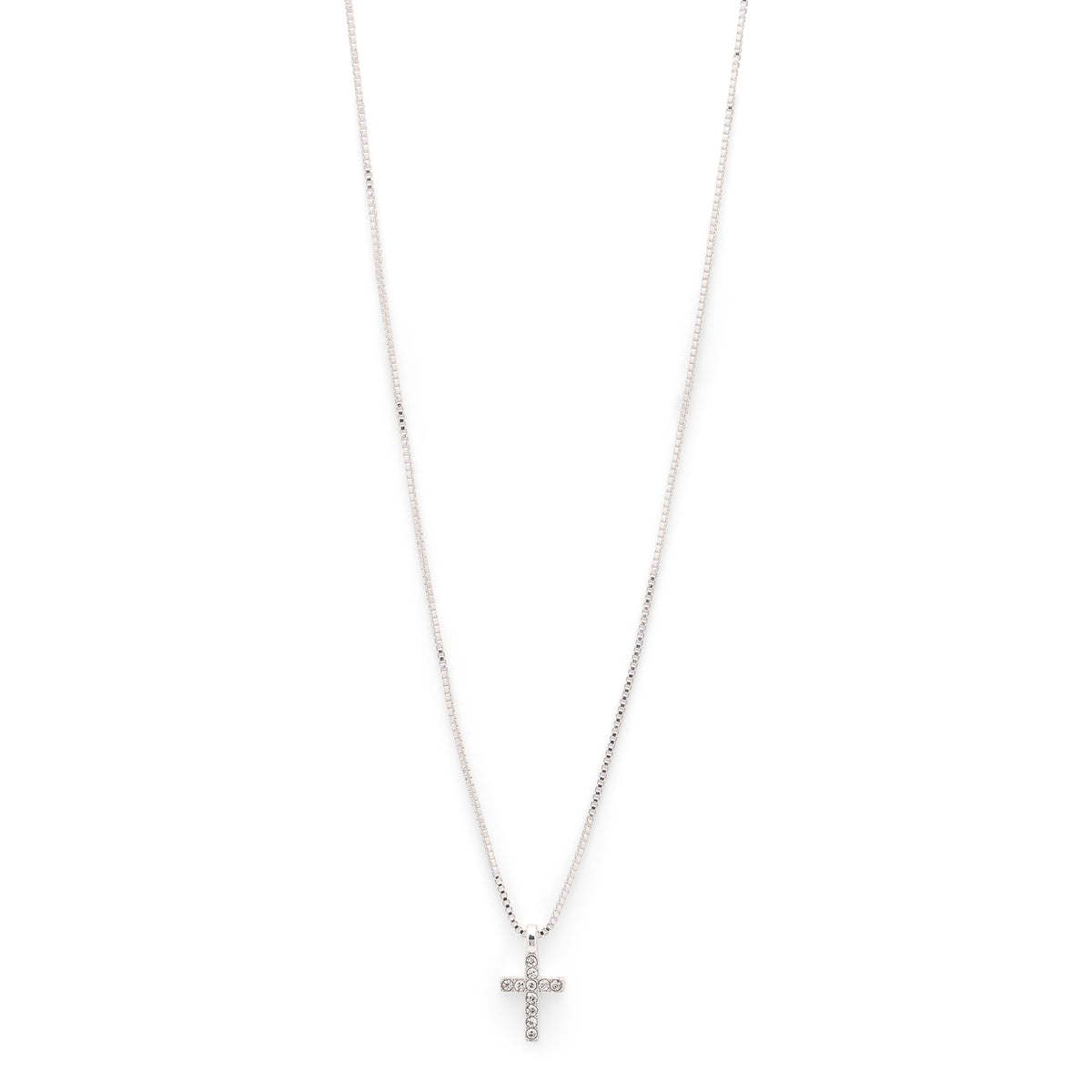 CLARA crystal cross necklace, silver-plated with sparkling crystals, featuring a 35 cm chain and 9 cm extension for a stylish, modern look.
