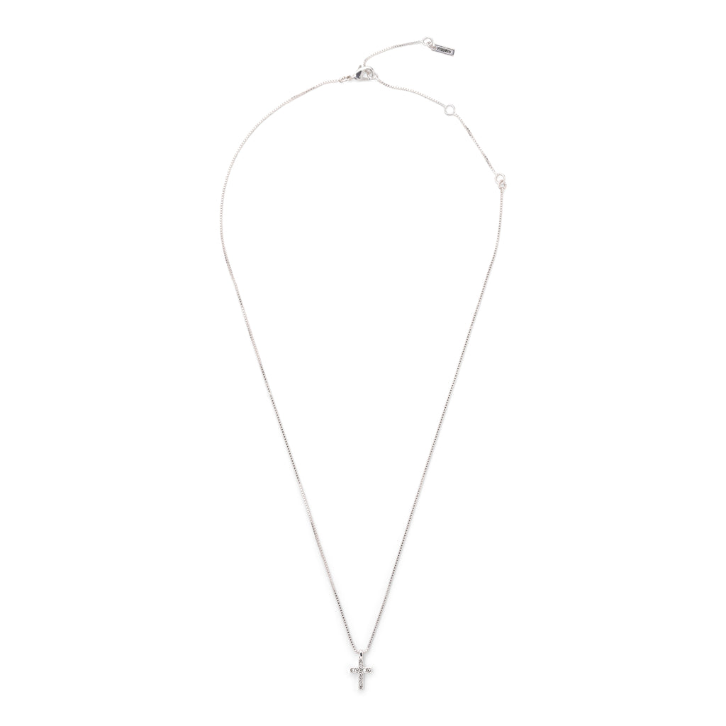 CLARA crystal cross necklace, silver-plated, featuring sparkling crystals on a 35 cm chain with a 9 cm extension option, offering a modern, feminine touch.