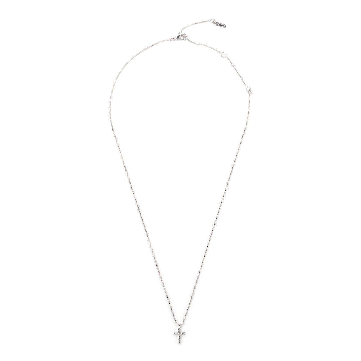 CLARA crystal cross necklace, silver-plated, featuring sparkling crystals on a 35 cm chain with a 9 cm extension option, offering a modern, feminine touch.