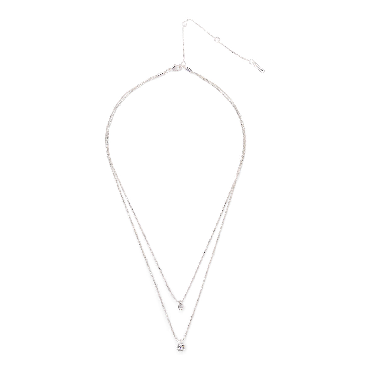 LUCIA 2-in-1 crystal necklace silver-plated, featuring dual chains with sparkling crystal pendants, elegantly designed to highlight the décolleté.