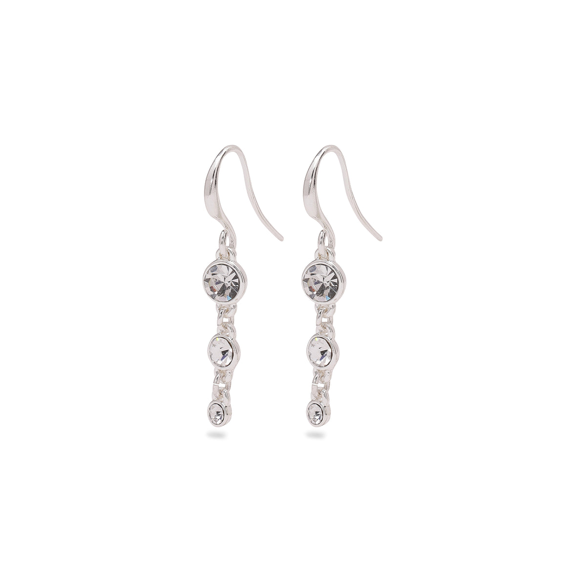 LUCIA crystal earrings, silver-plated, featuring three sparkling crystals in a row, perfect for adding glamour and elevating everyday looks.