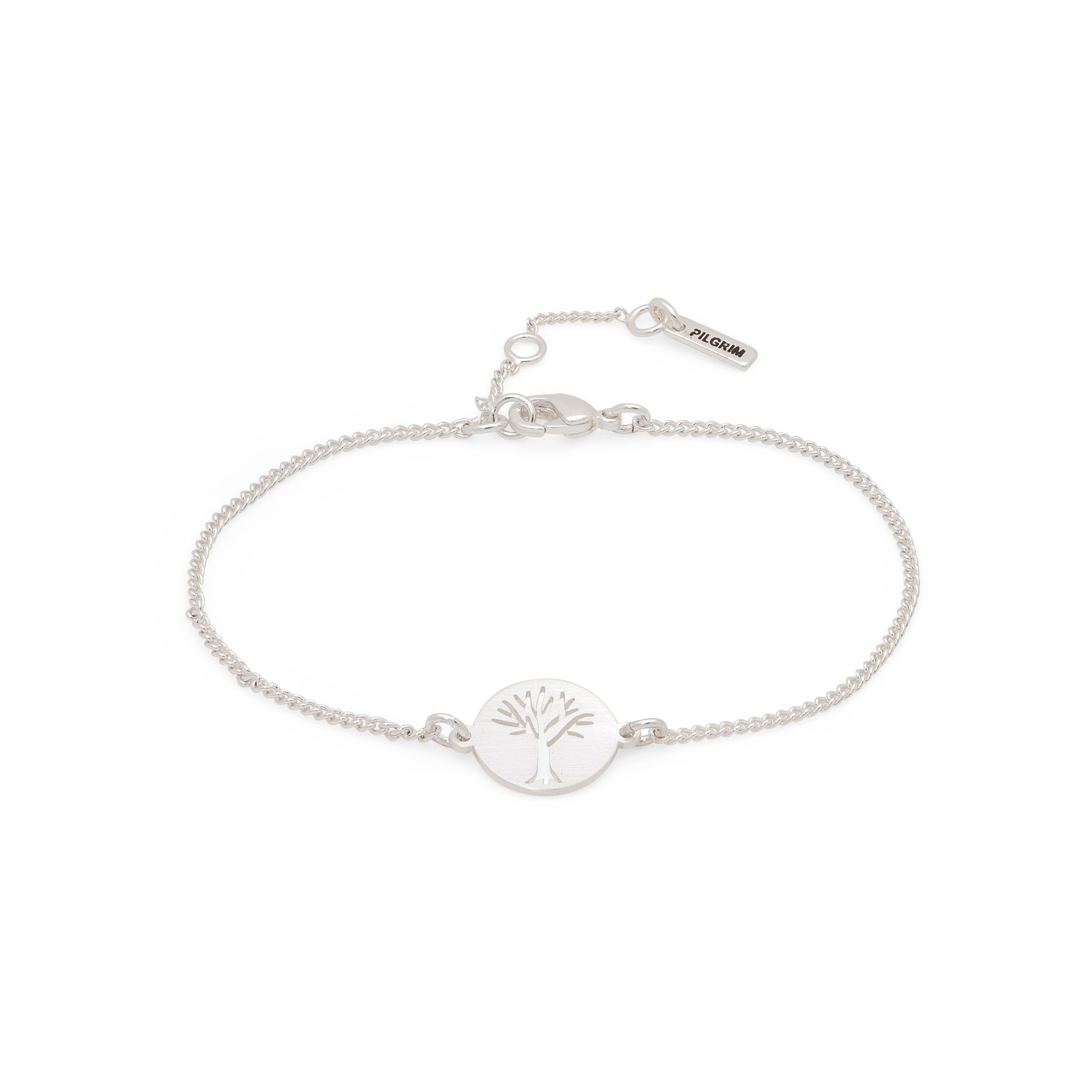 ELIN coin bracelet, silver-plated, featuring a slender chain and a circular pendant with an etched tree of life design, embodying chic Scandinavian style.