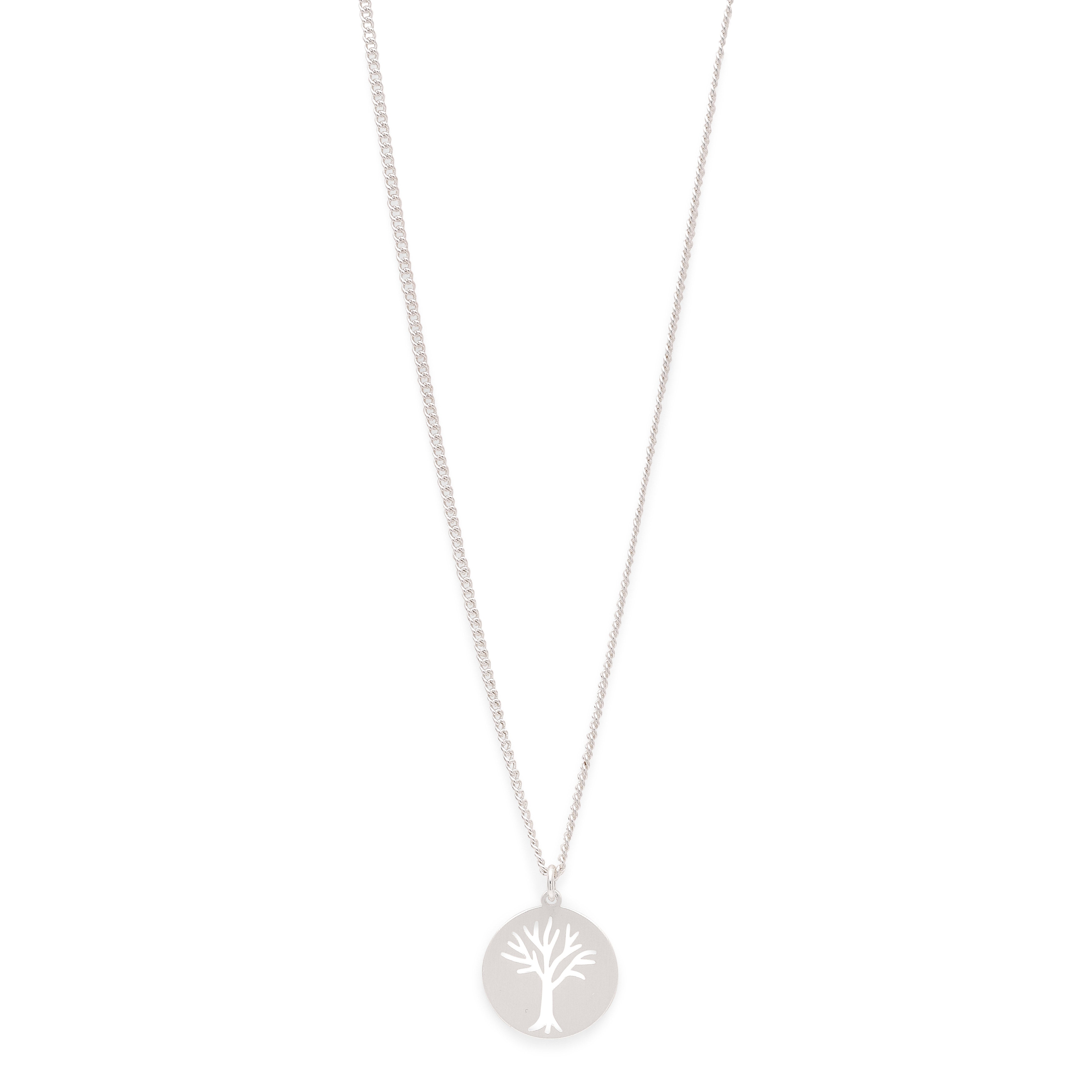 ELIN coin pendant necklace, silver-plated, features a Scandinavian-style round pendant with a tree silhouette on a 40 cm chain with a 9 cm extension.