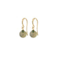 GOLDIE green earrings, gold-plated with a grey-green glass bead pendant, showcasing Scandinavian charm and elegance. Ideal for trendsetters seeking a stylish accessory.