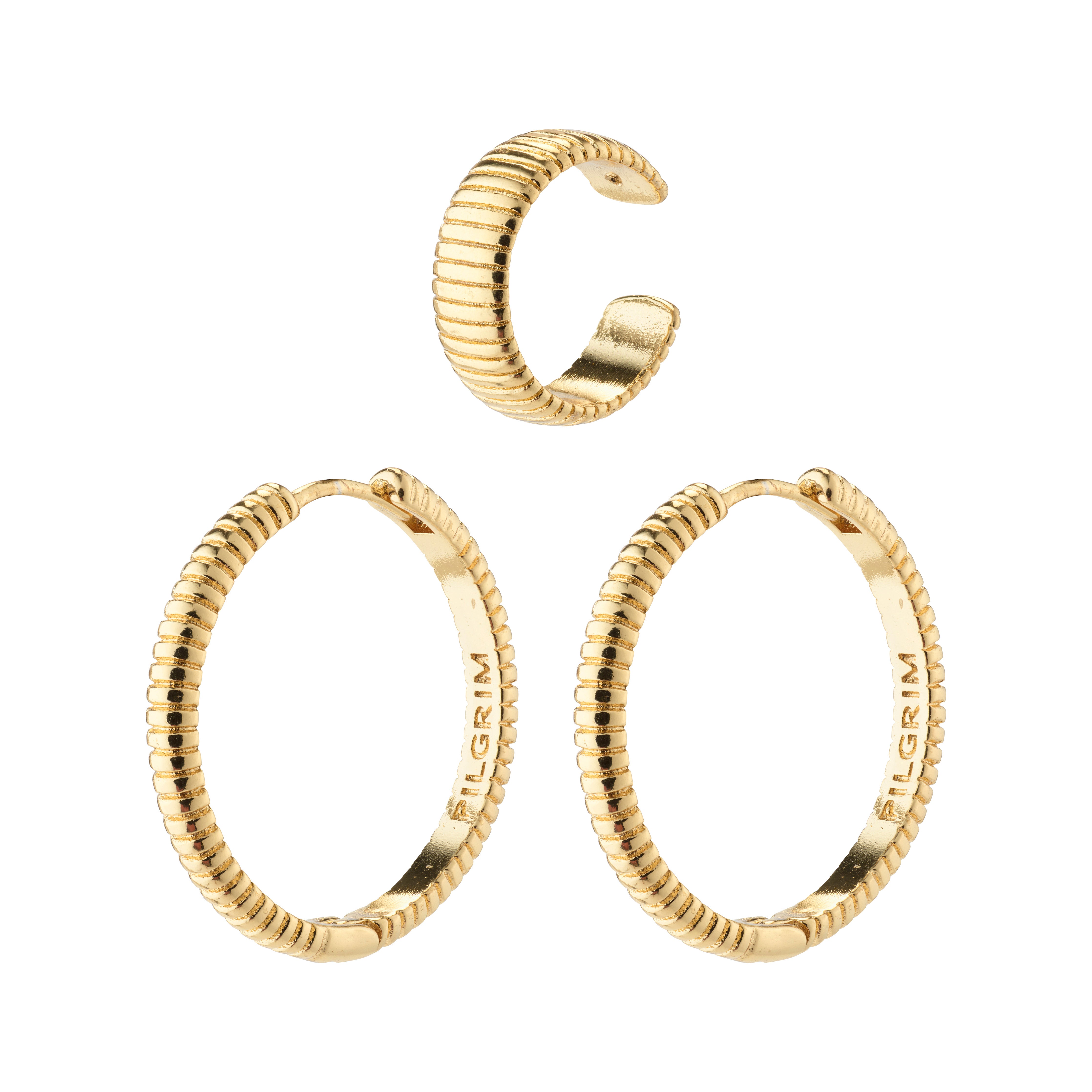 XENA hoop & cuff earrings, gold-plated, featuring a fluted design with adjustable ear cuff and click lock, perfect for mix and match styles.