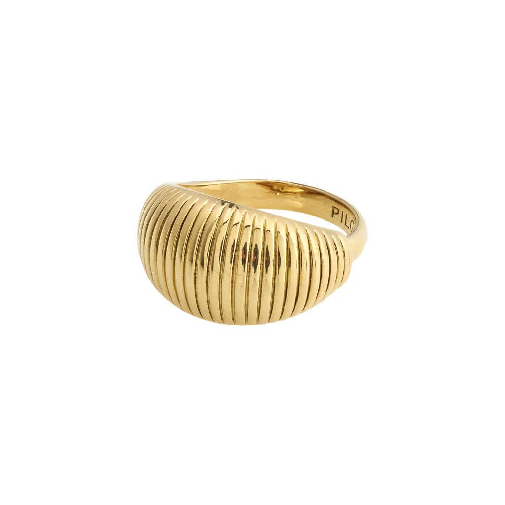XENA ring, gold-plated, featuring a unique curved design with textured grooves, showcasing Pilgrim's blend of timeless craftsmanship and modern style.