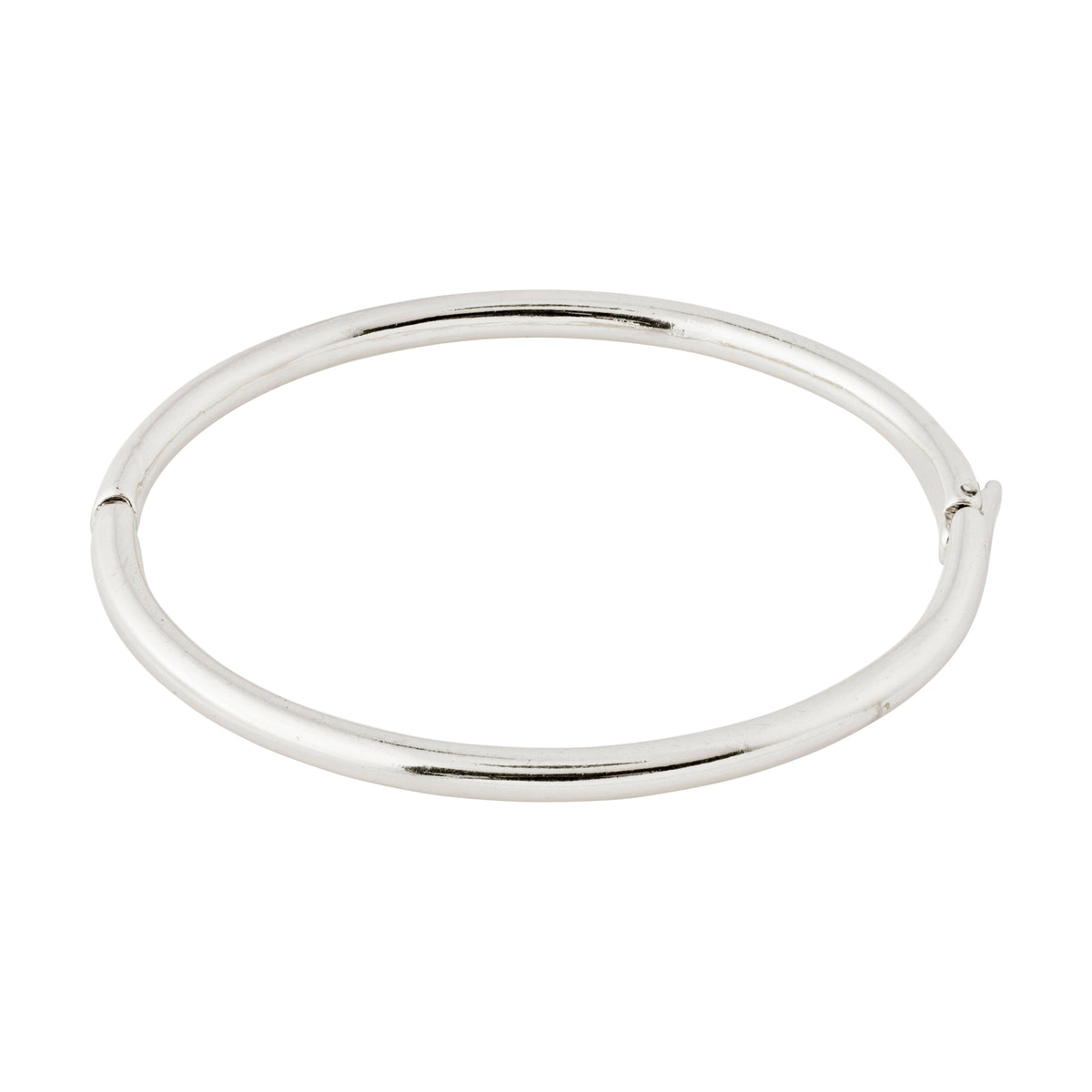 SOPHIA bangle bracelet, silver-plated, featuring a sleek design with shiny surfaces and an easy click lock, displayed on a white background.