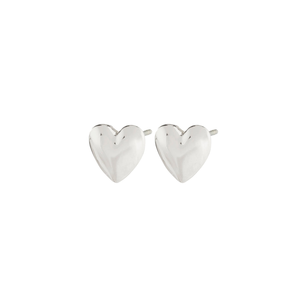 SOPHIA heart earrings, silver-plated, showcasing elegant, shiny surfaces and soft shapes, from Pilgrim's sustainable collection, embodying a romantic, Nordic-inspired style.