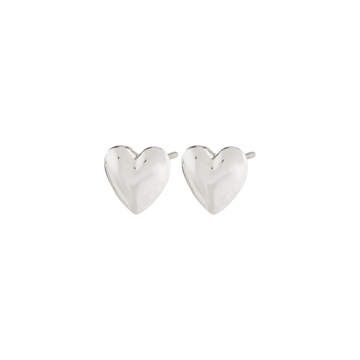 SOPHIA heart earrings, silver-plated, showcasing elegant, shiny surfaces and soft shapes, from Pilgrim's sustainable collection, embodying a romantic, Nordic-inspired style.