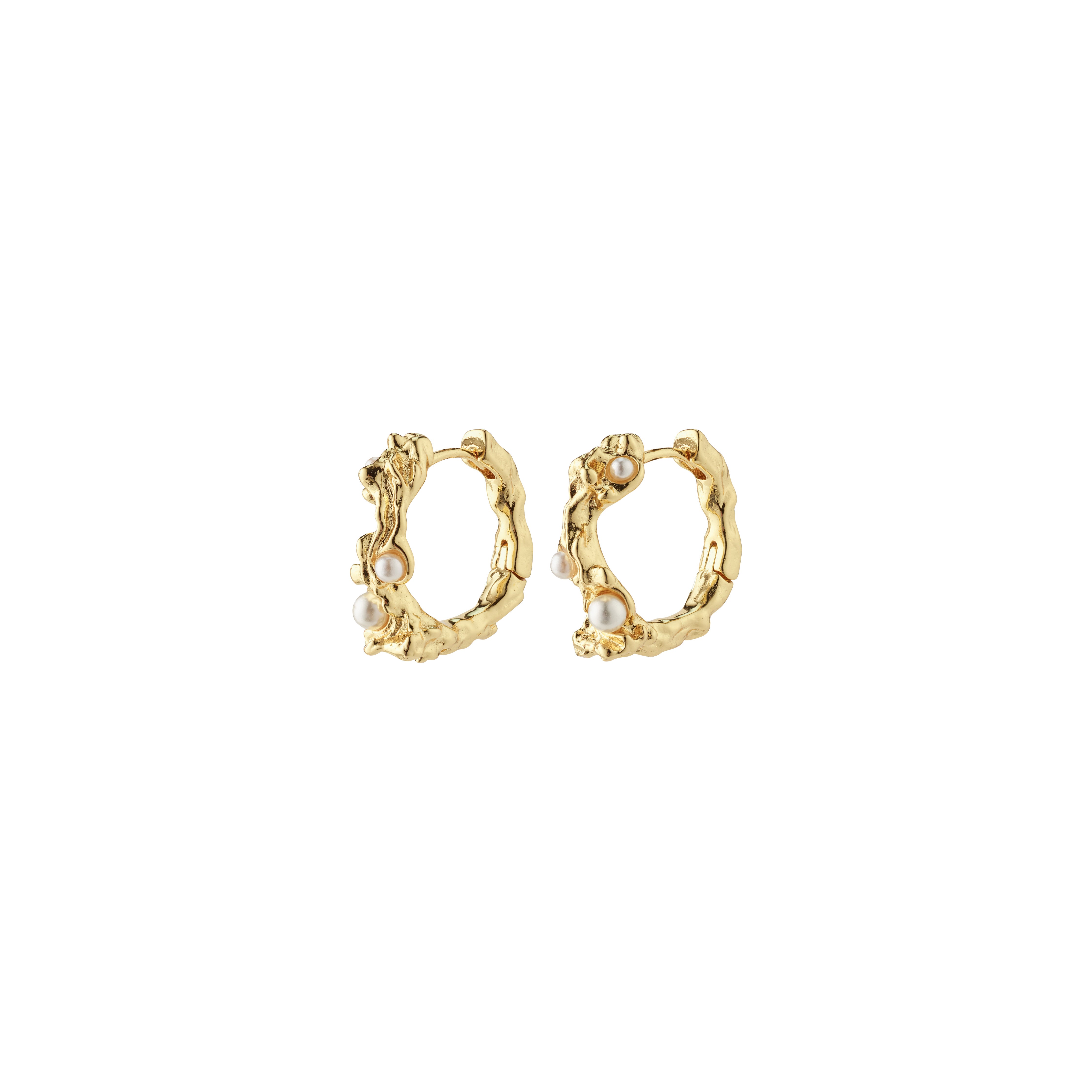 RAELYNN earrings gold-plated with organic hoop design, featuring small white beads for a luxurious, handcrafted look from Pilgrim. Made from 97% recycled materials.