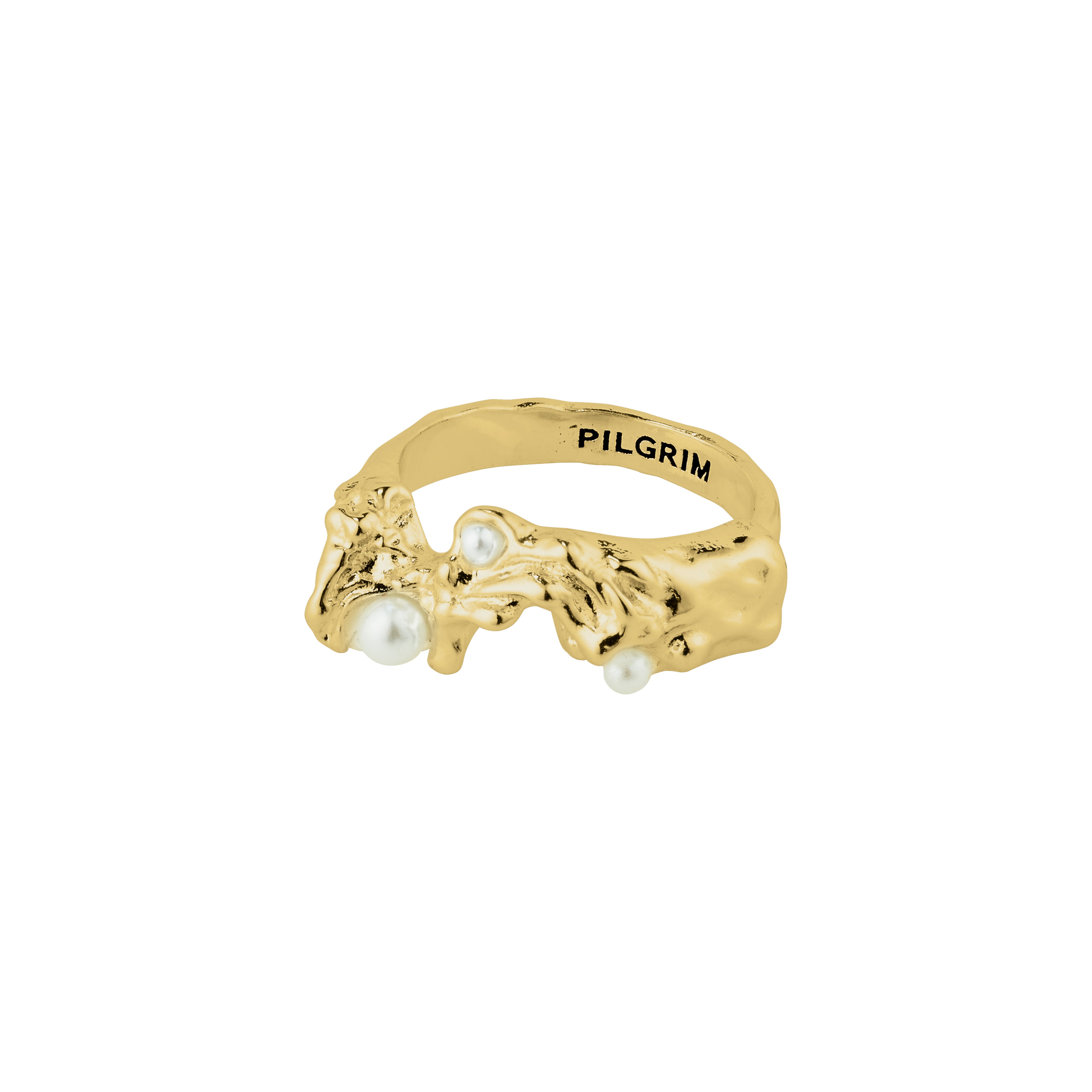 Gold-plated RAELYNN ring with pearls, featuring an adjustable, organic design from Pilgrim, made from 96% recycled materials for an elegant, sustainable accessory.