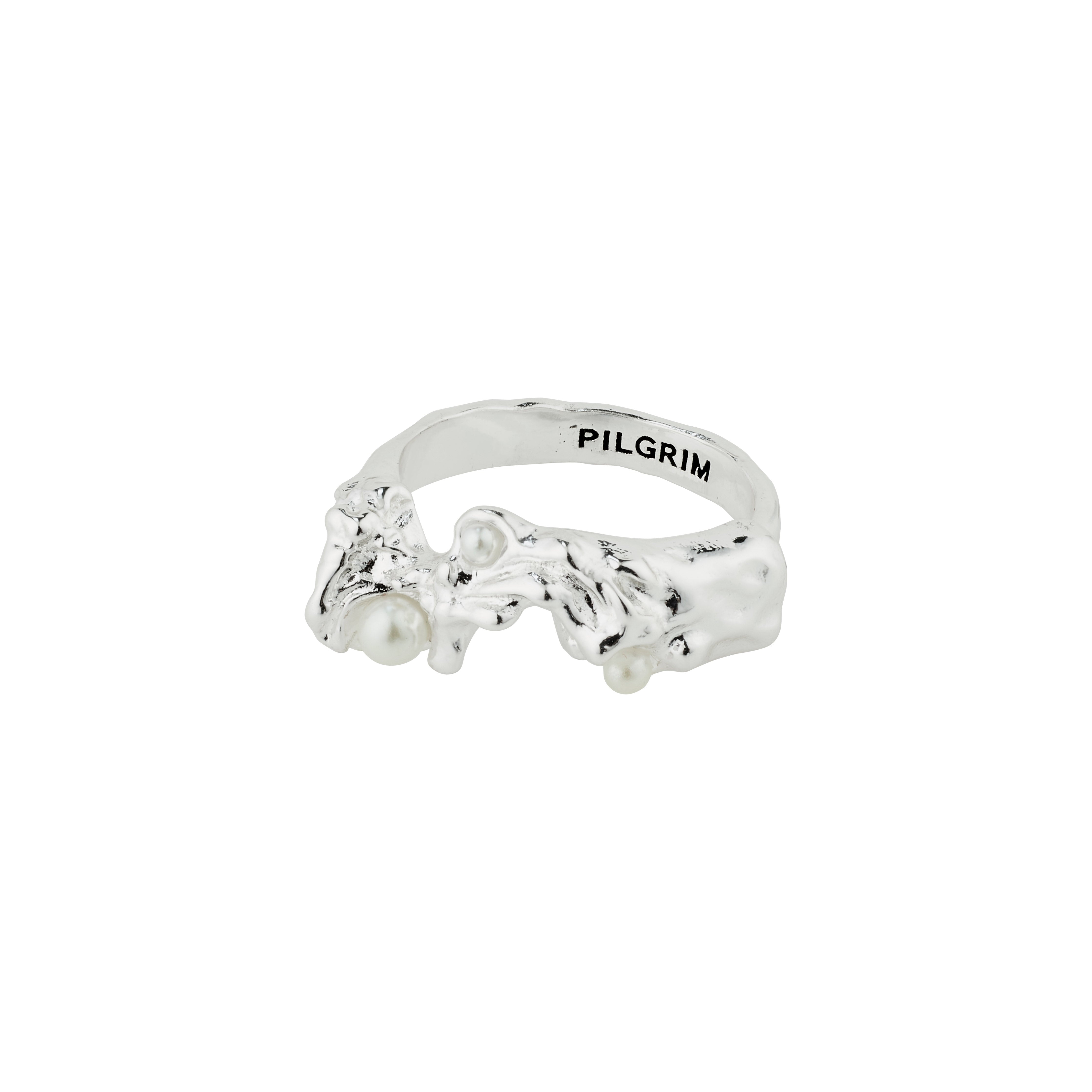 Silver-plated RAELYNN ring from Pilgrim features organic shapes and pearls, adjustable in size, crafted with recycled material for an elegant, eco-friendly accessory.