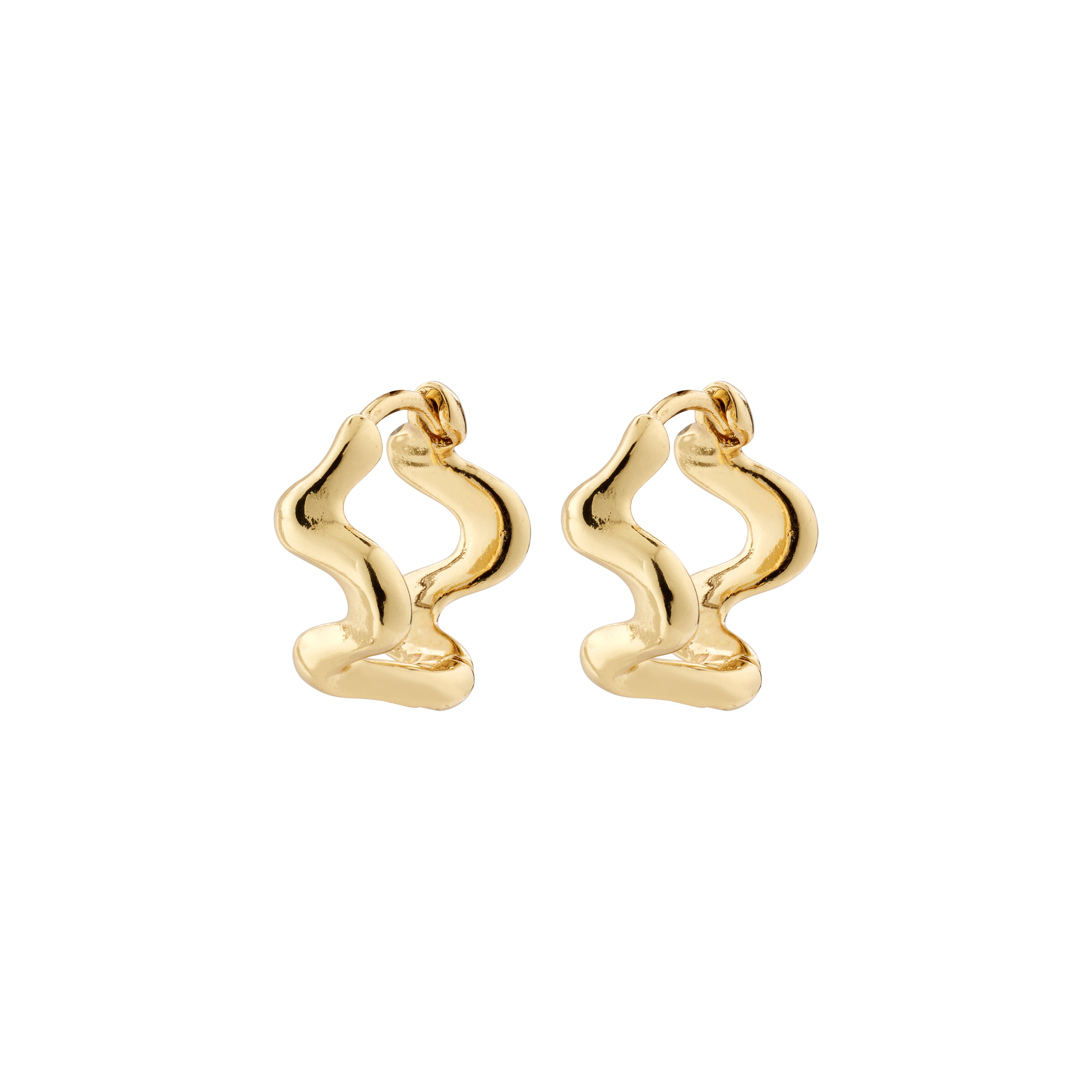 Gold-plated PENELOPE earrings, featuring classy, curvy hoops with a wavy silhouette, made from recycled materials, and designed for easy wear with a click clasp.