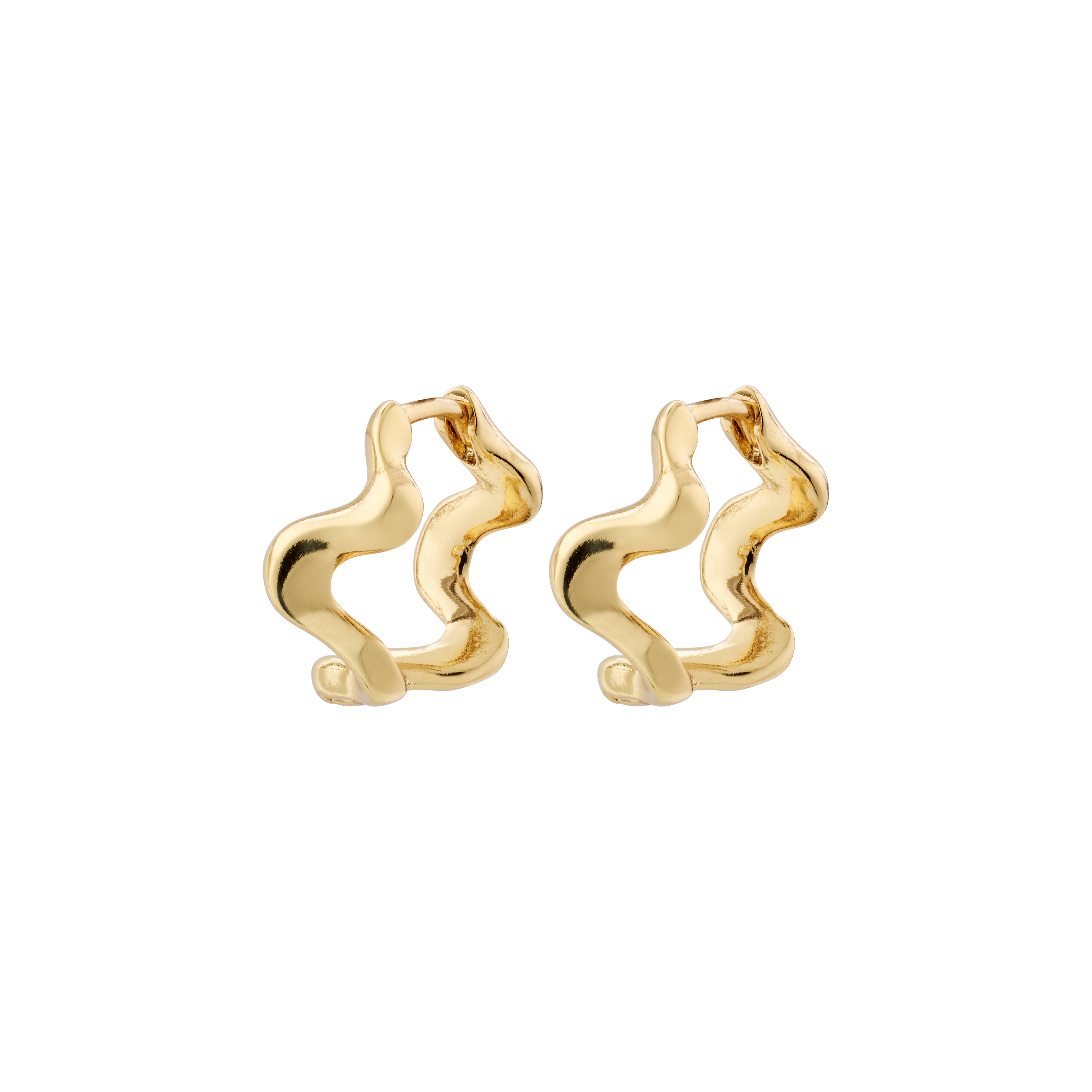 PENELOPE gold-plated earrings by Pilgrim, featuring curvy hoops with a wavy design and click clasp, crafted from 99% recycled material.