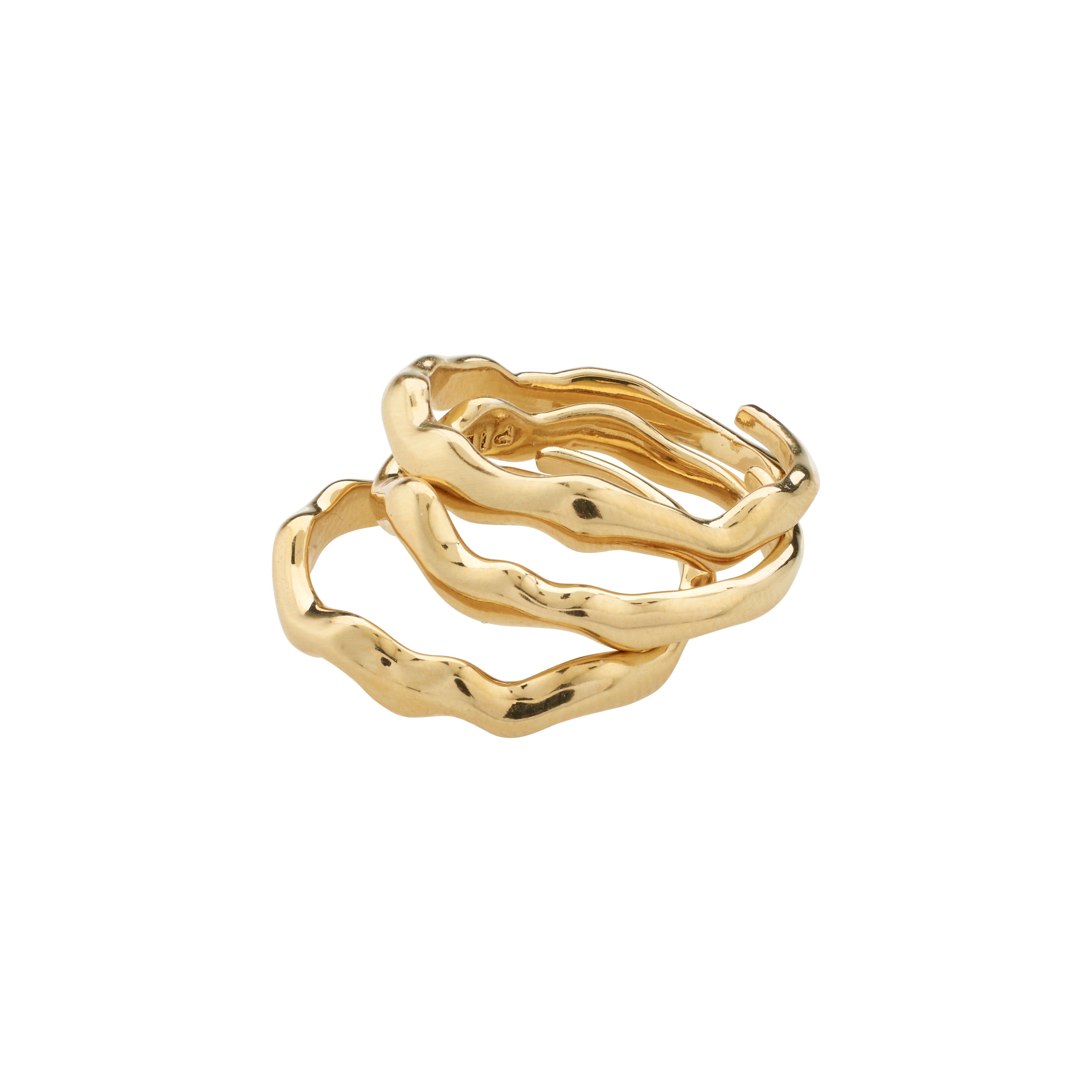 PENELOPE gold-plated rings stacked, featuring a wavy design. Made from recycled materials, adjustable for a perfect fit. Perfect blend of style and sustainability.