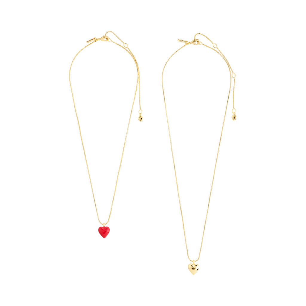 MAEVE necklace, 2-in-1 set: features two gold-plated chains with a choice of a puffy heart or red enamel heart pendant, perfect for layering.